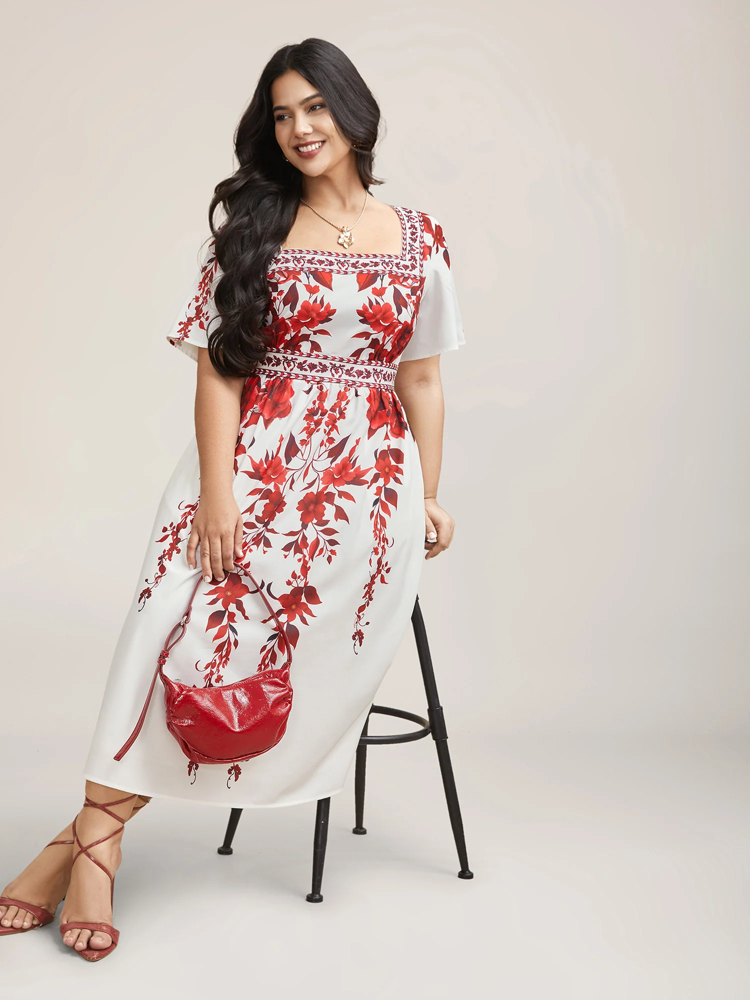 Bohemian Floral Print Stretchy Waist Maxi Dress