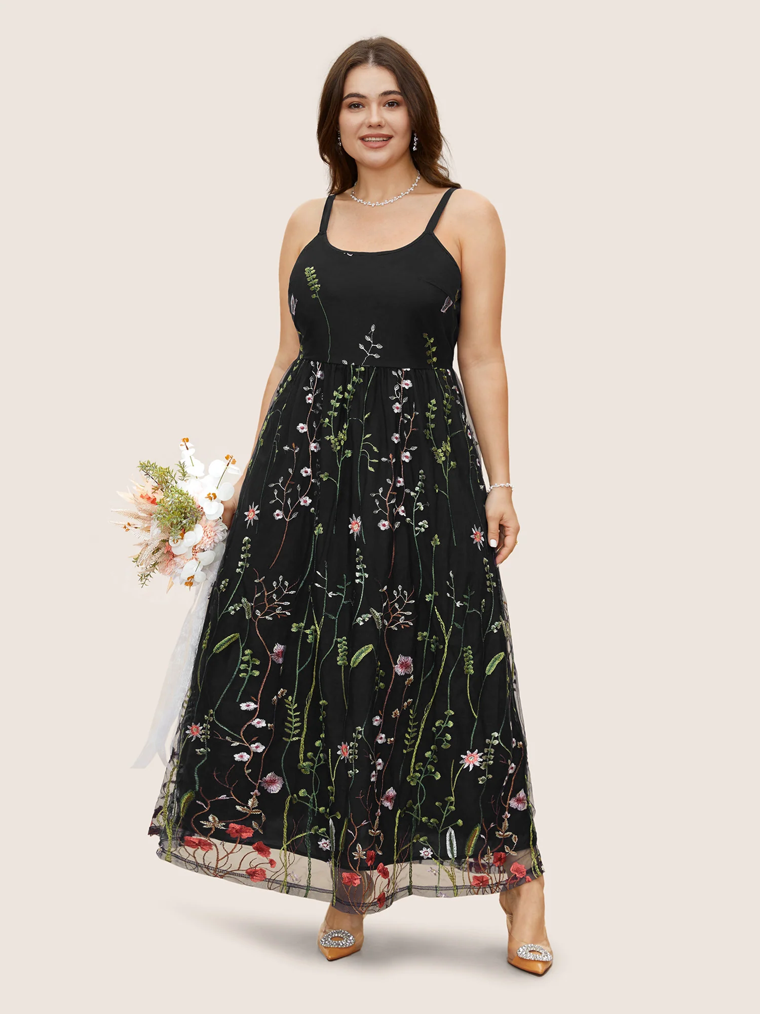 U Neck Floral Embroidered Mesh Cami Dress