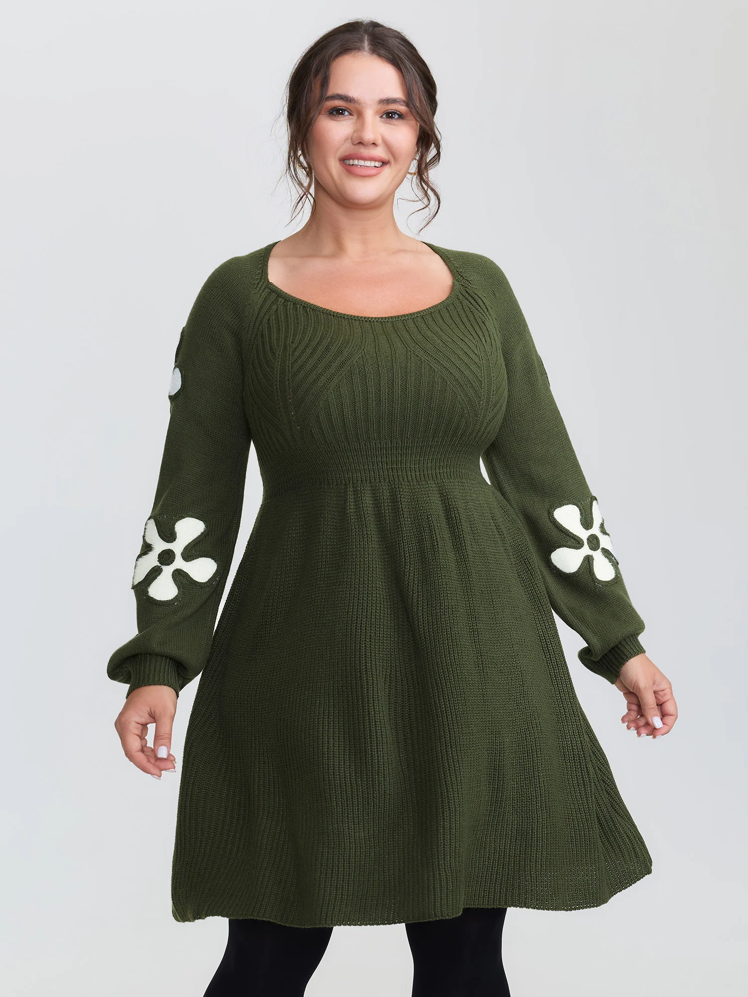 Floral Cord Embroidered Cinched-Waist Sweater Dress