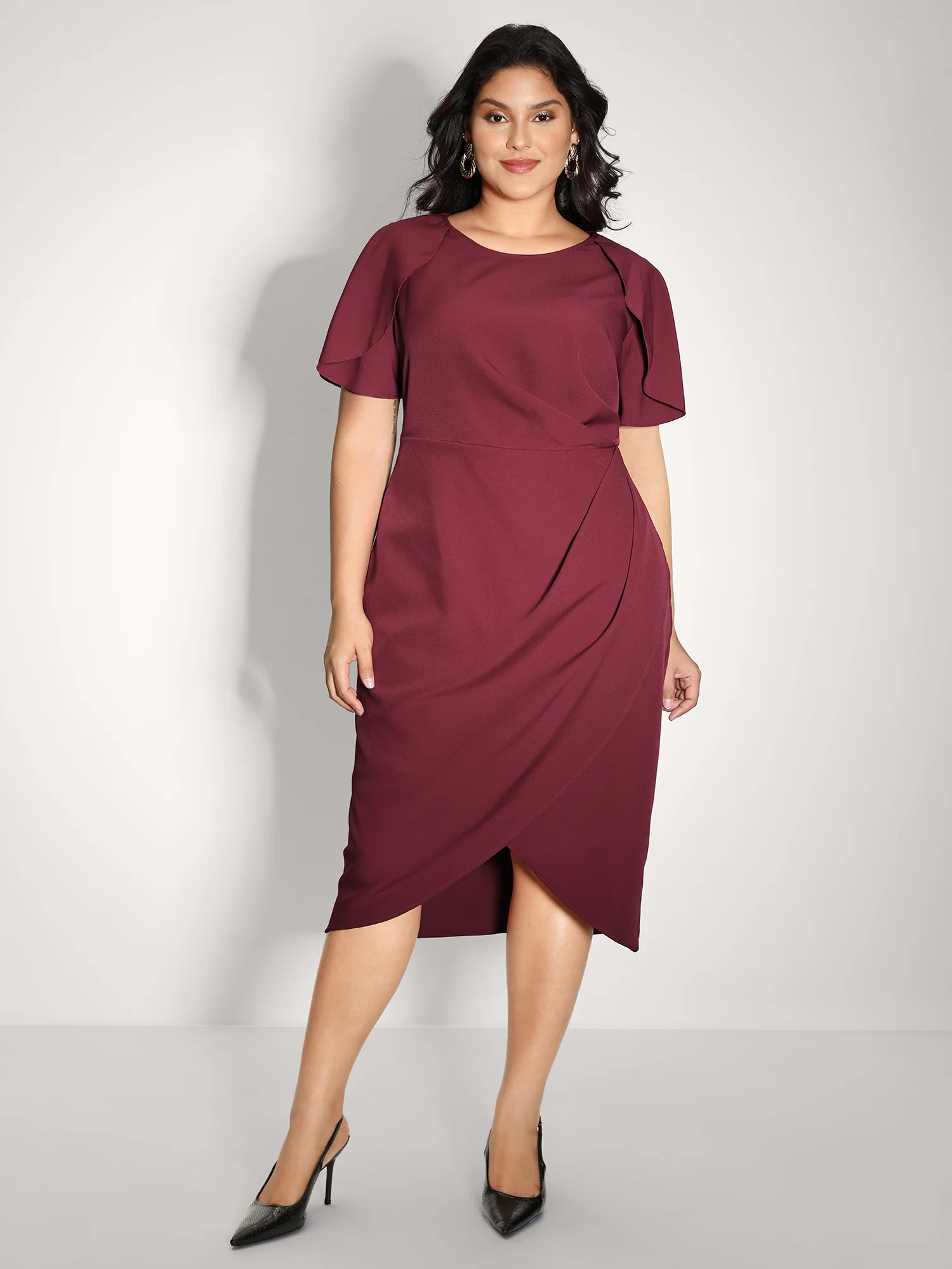Wrap Hem Petal Sleeve Midi Dress