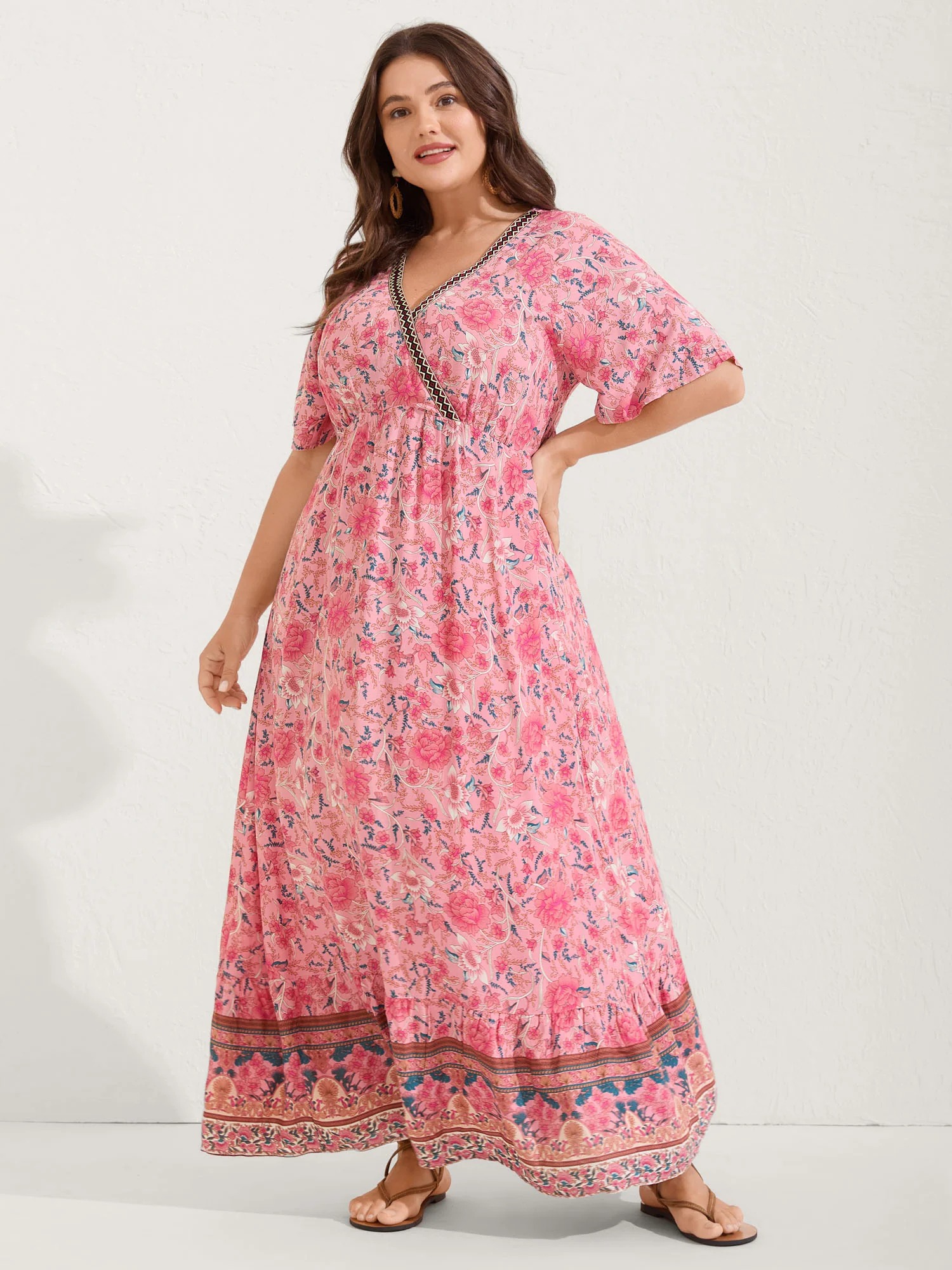 Rosy Floral Print Lace Maxi Dress