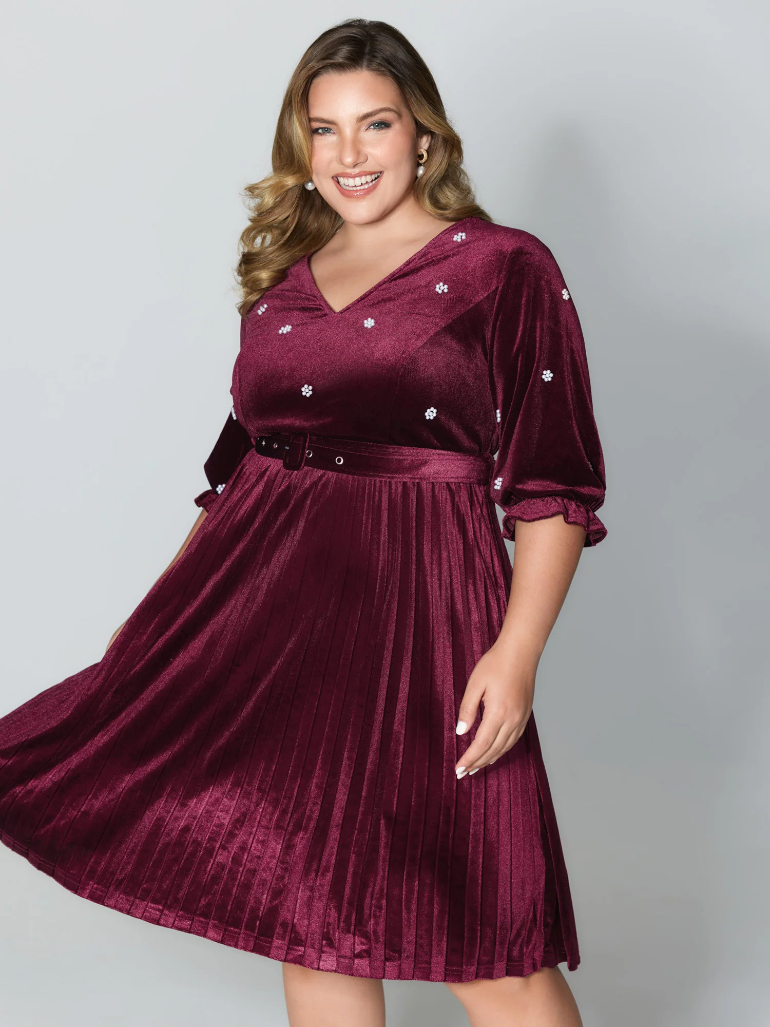 Velvet Beads Pleated Skirt Midi Dress
