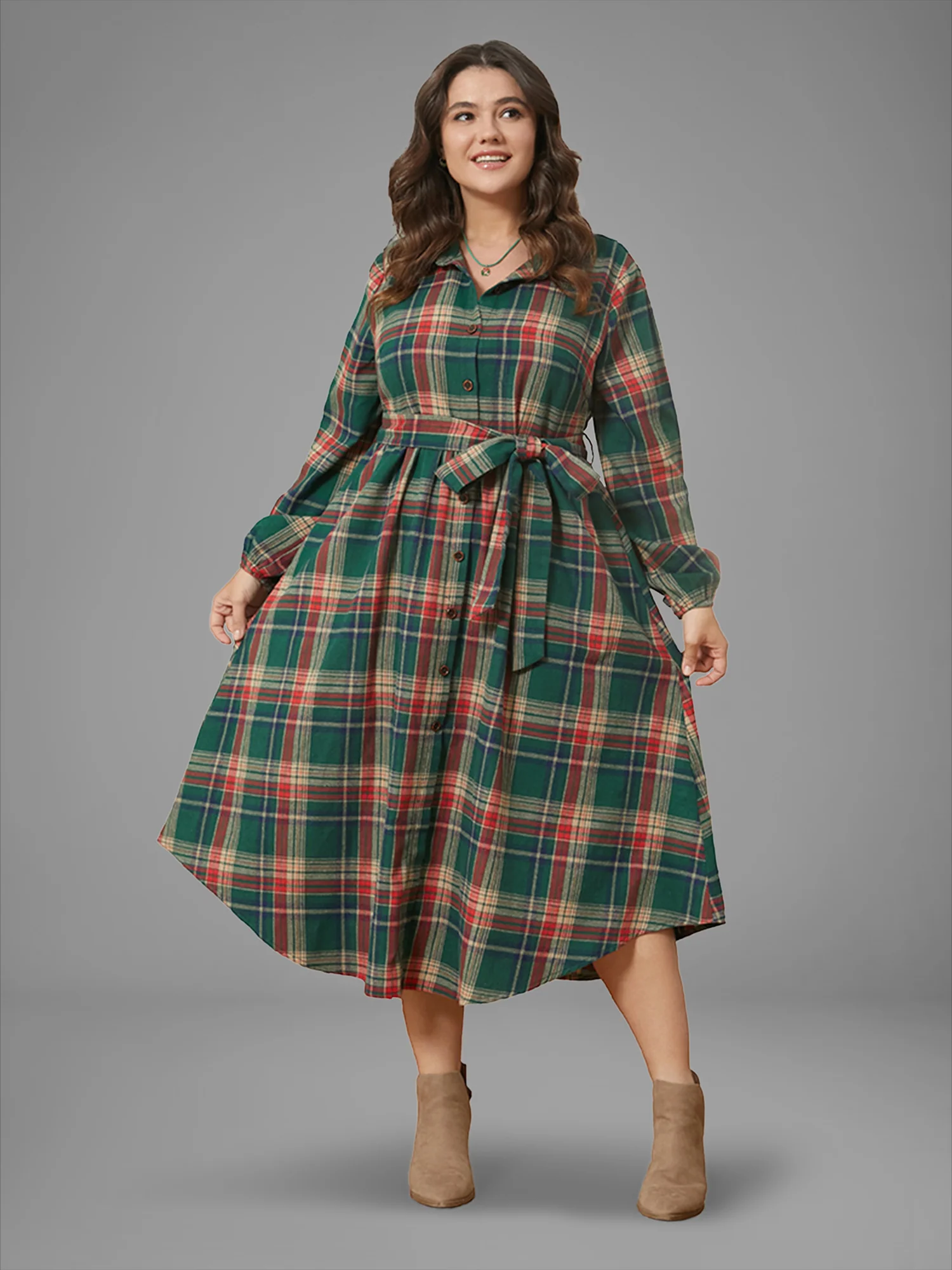 Plaid Button Detail Pocket Belted Arc Hem Dress