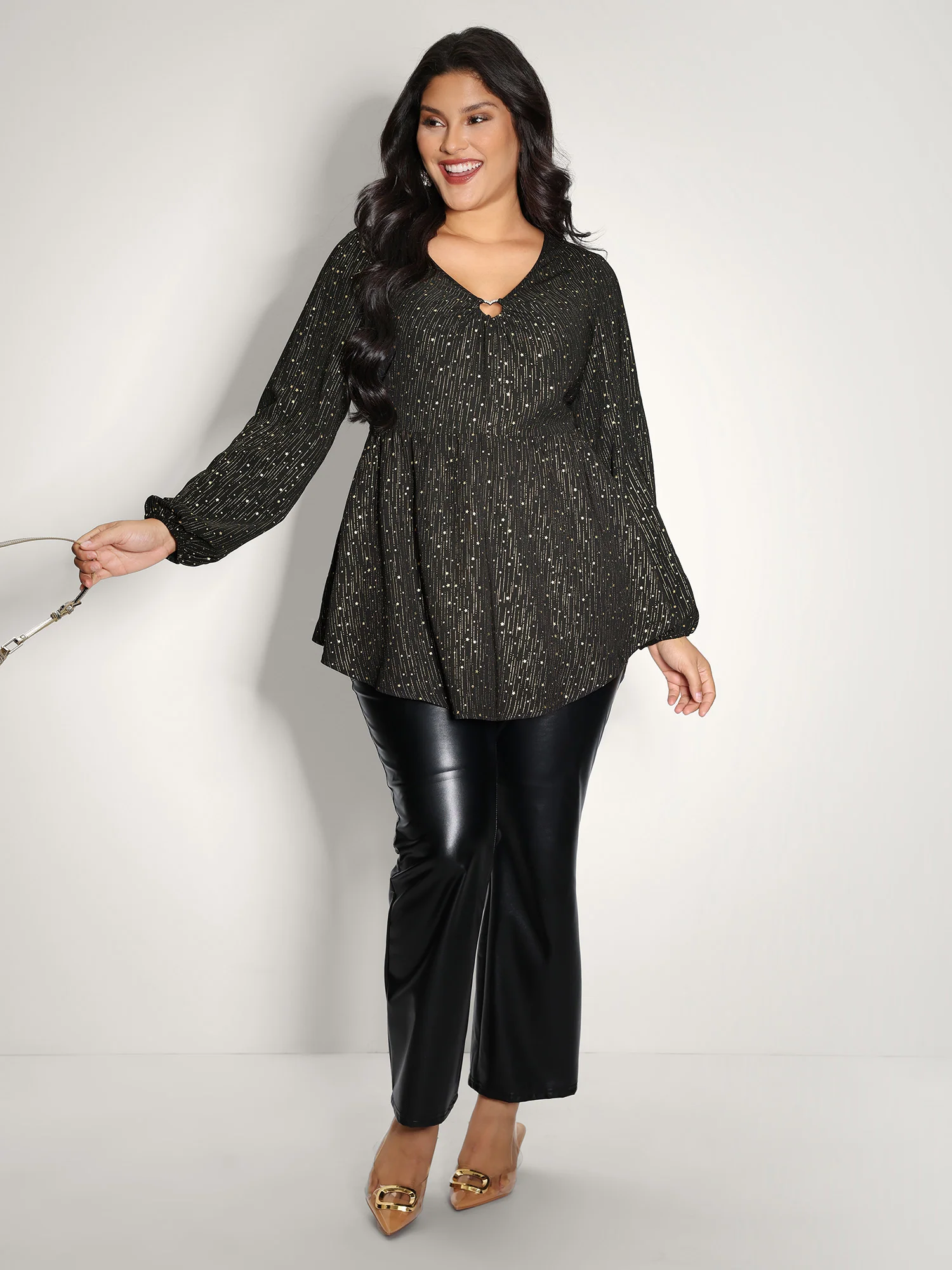 Gold Stamp Ruched Neckline Flowy Blouse