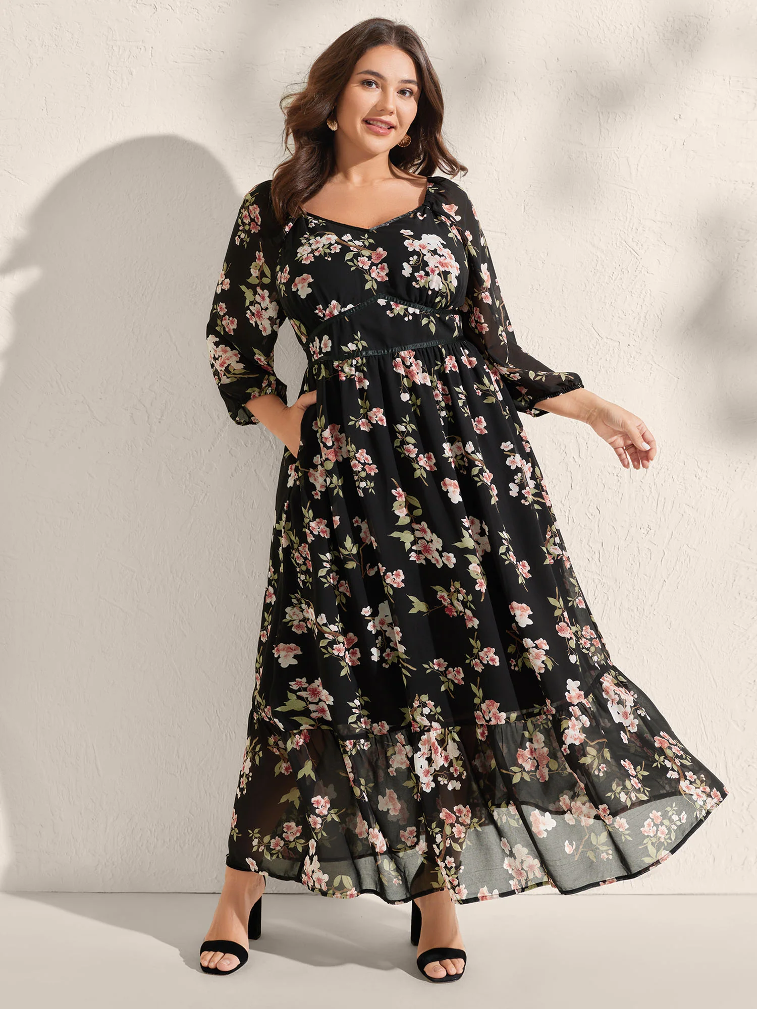 Chiffon Floral Triangular Waist Cinched Maxi Dress