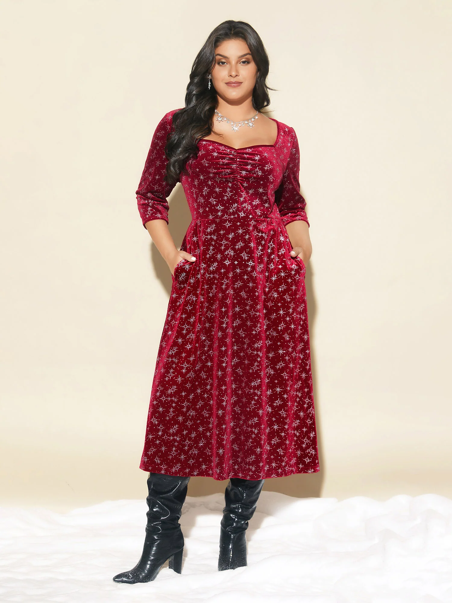Embossed Velvet Sweetheart Neckline Midi Dress