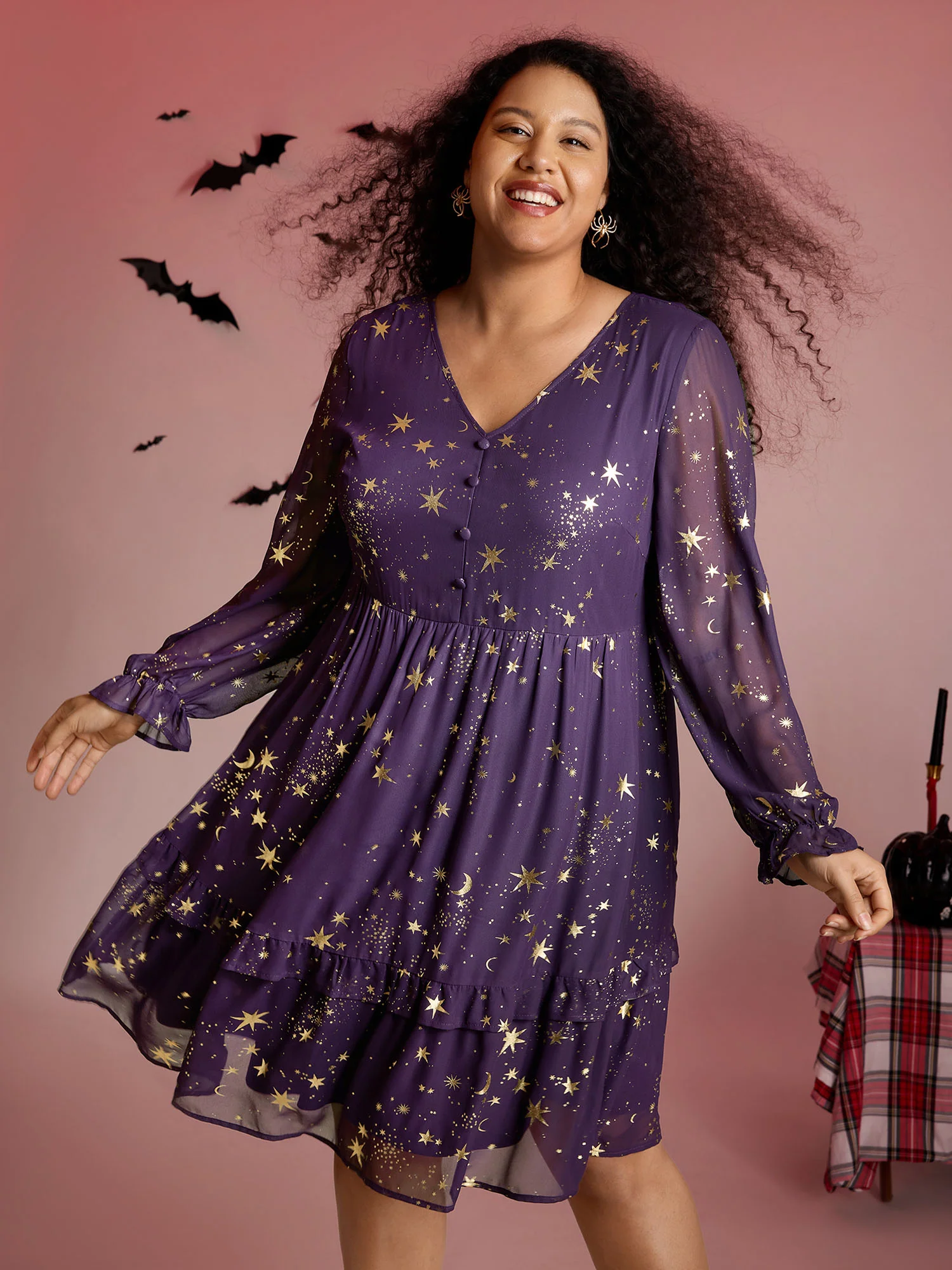 Gold Stamp Lantern Sleeve Ruffled Midi Dress