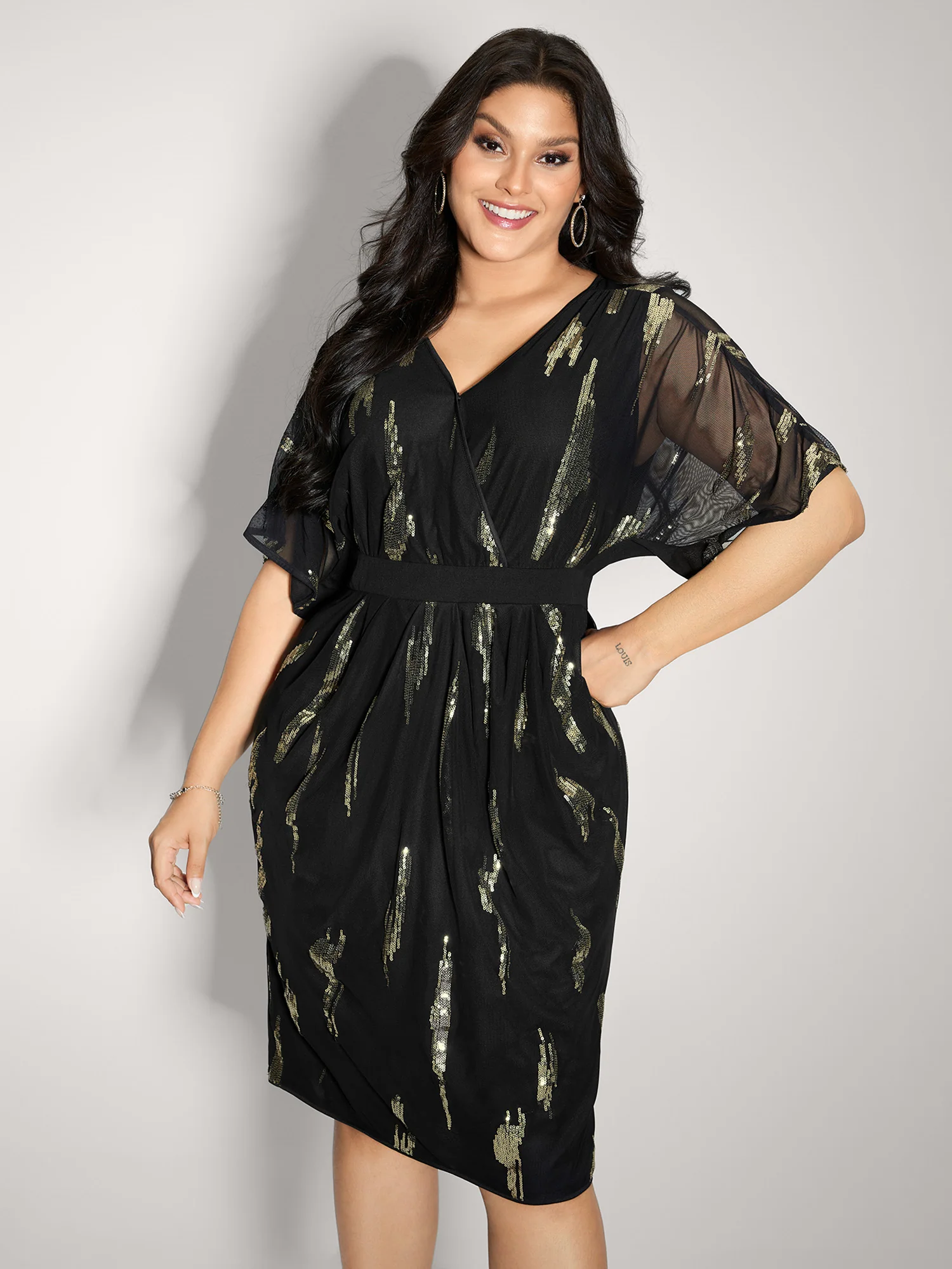 Sequin Embroidery Pleated Waist Midi Dress