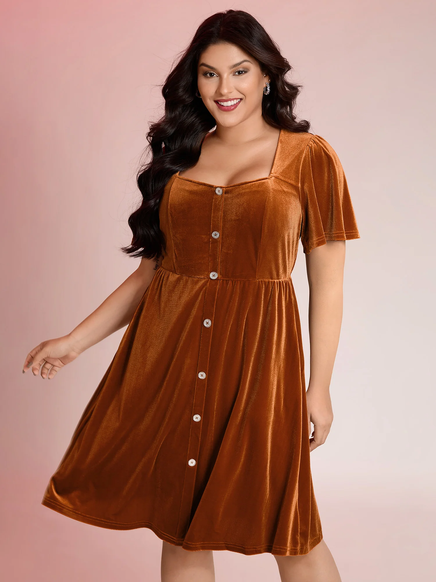 Velvet Button Pockets Flutter Sleeve Midi Dress