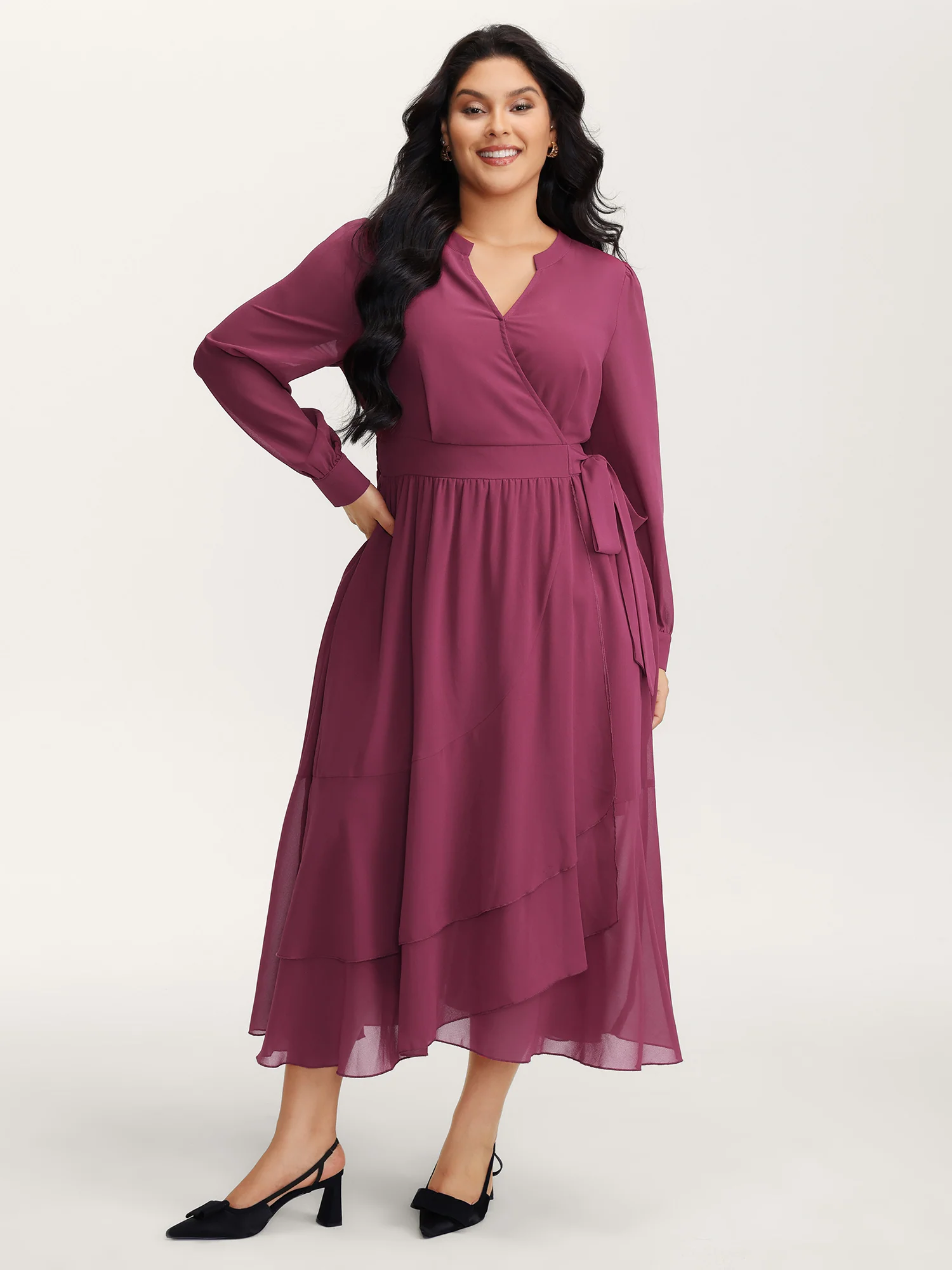 Chiffon Wrap Tie Layered Ruffled Maxi Dress