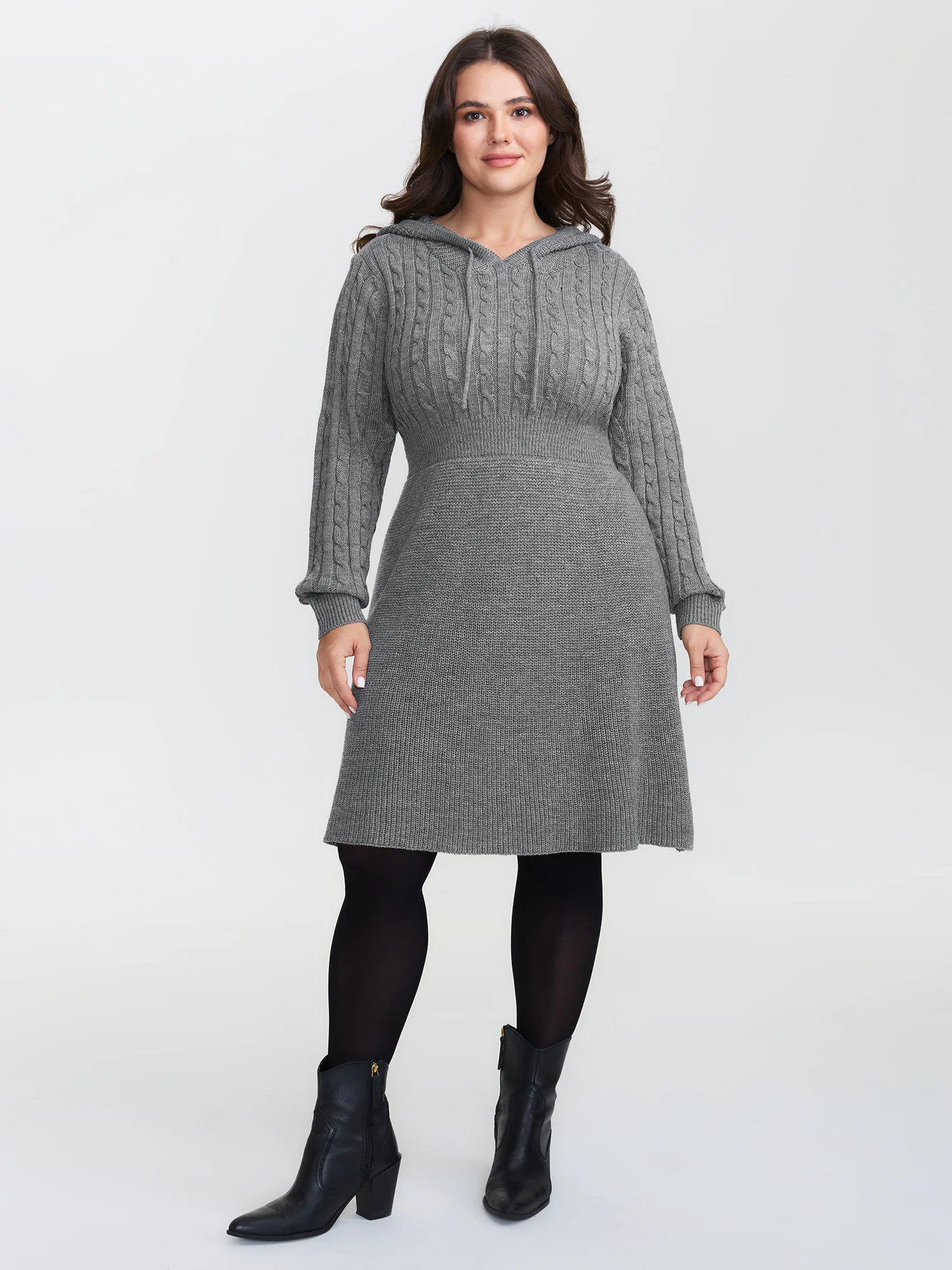 Textured Hooded Waist-Defining Sweater Dress