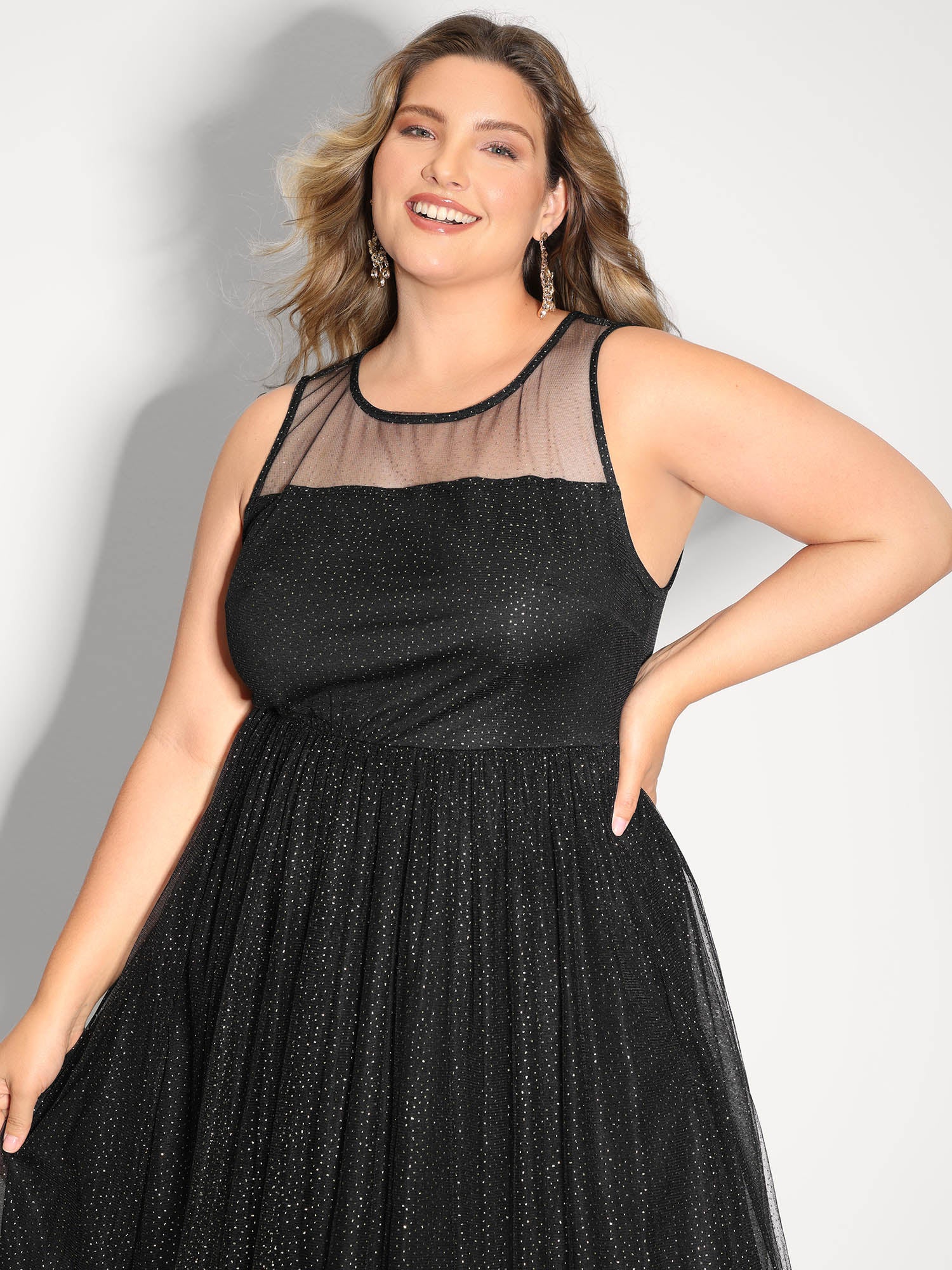 Shimmery Sheer Neckline Flowy Maxi Dress