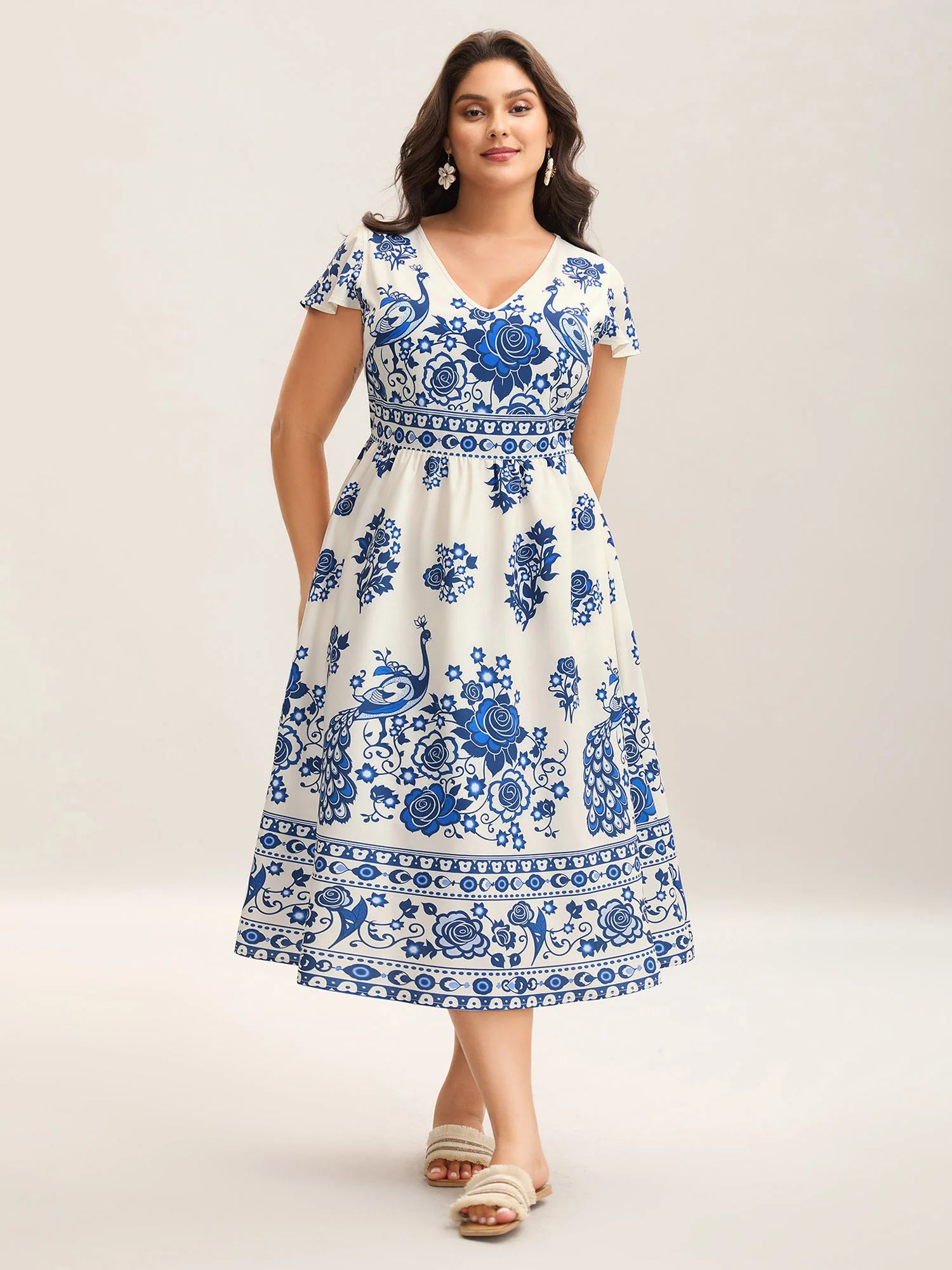 Boho Print V-Neck Pockets Midi Dress