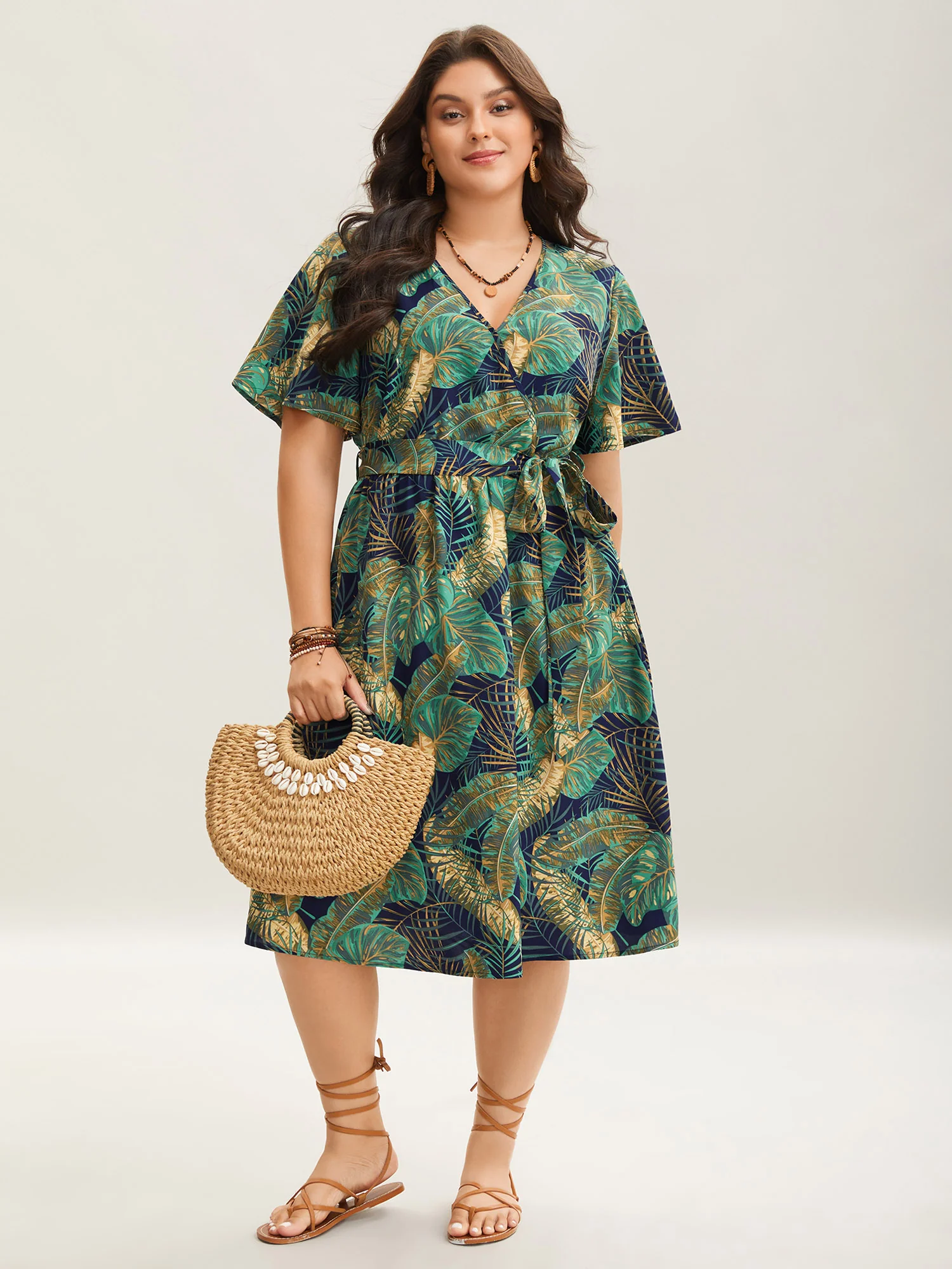 Tropical Print Belted Pocket Midi Dress