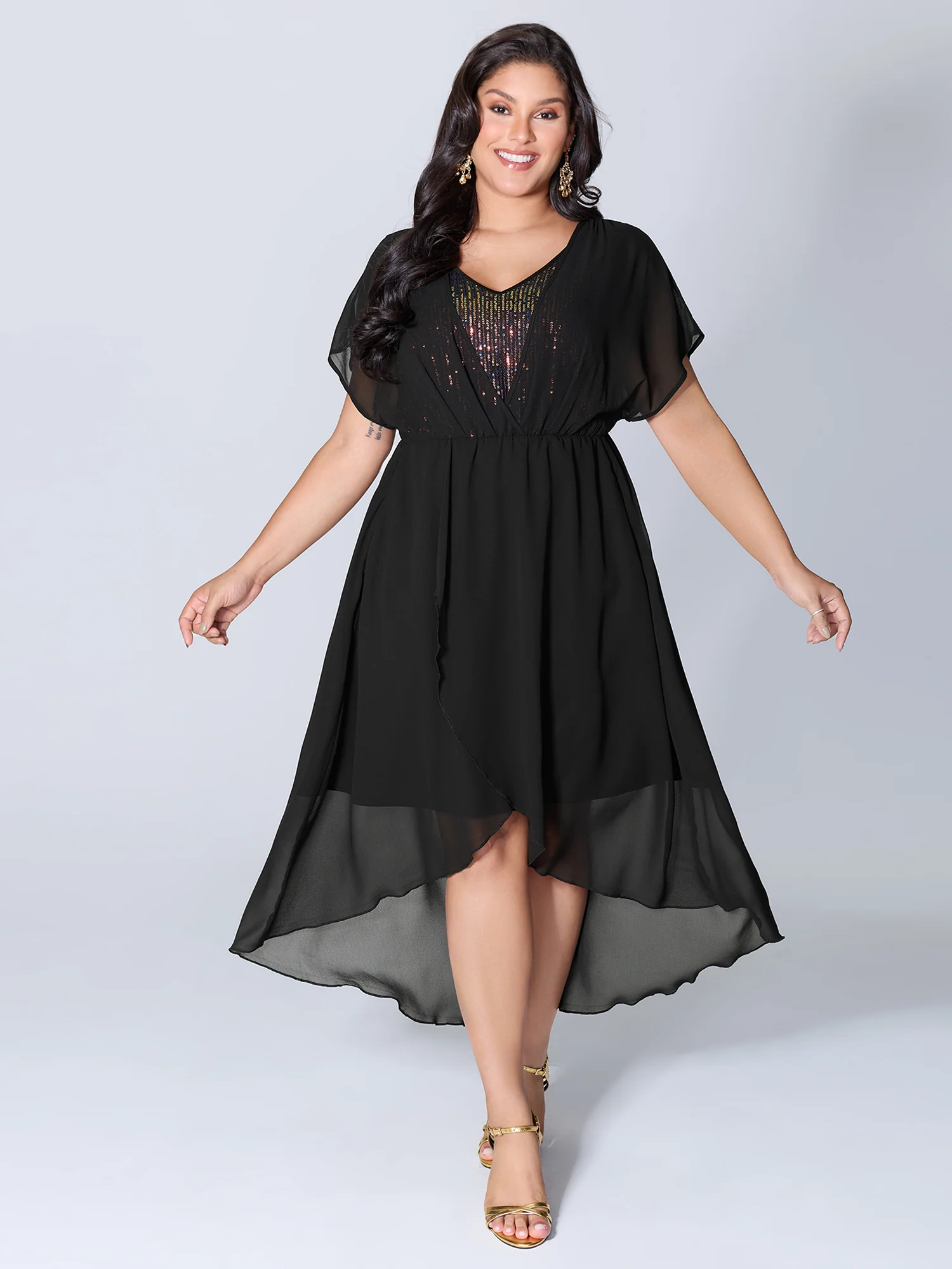 2-in-1 Sheer Sparkly Wrap Midi Dress