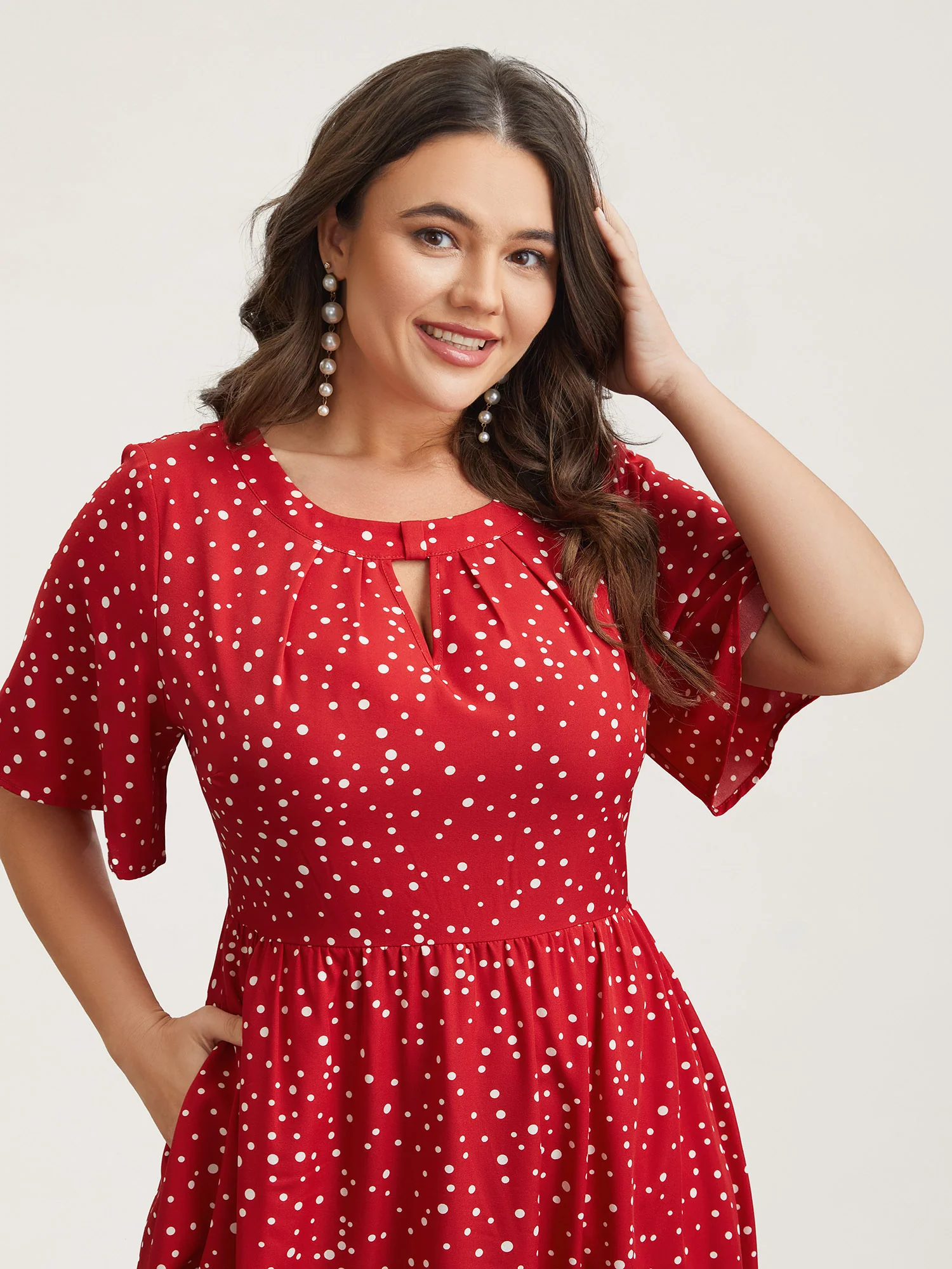Polka Dots Print Cut-Out Flutter Sleeve Midi Dress