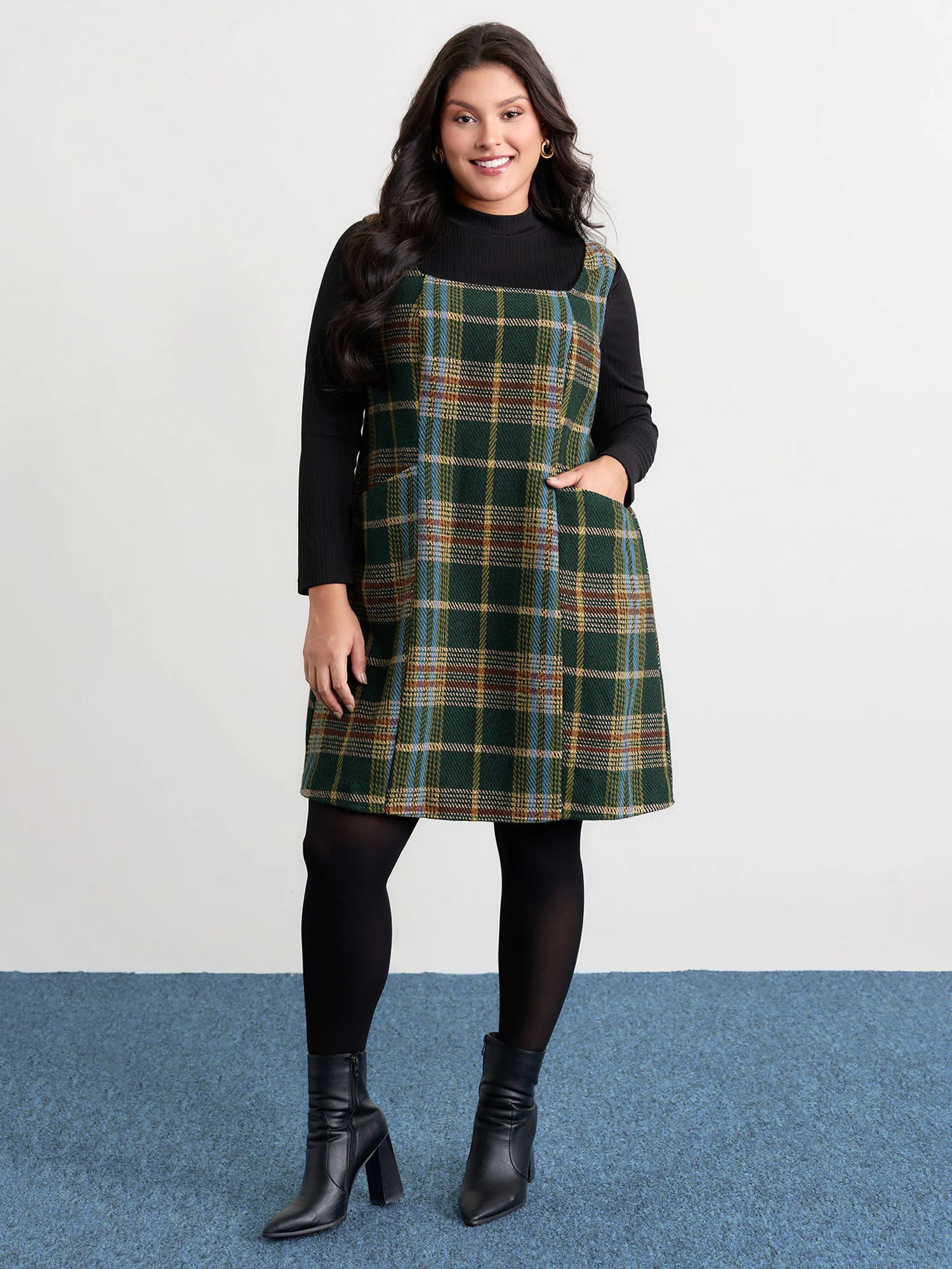 Plaid Pattern Slant Pockets Knee Dress