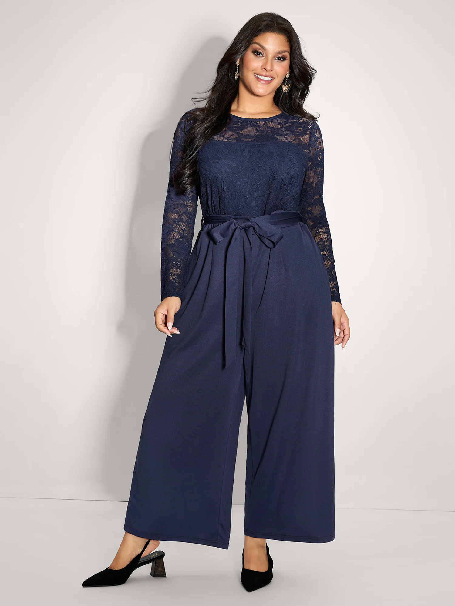 Sheer Lace Trim Belted Pockets Jumpsuit