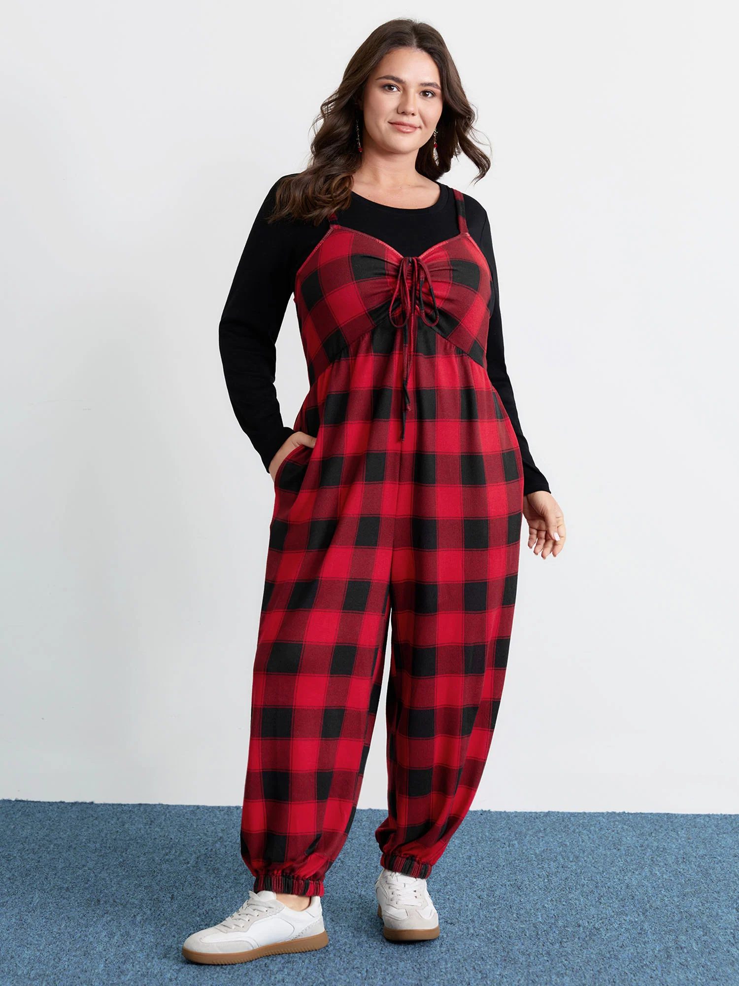 Checkered Shirred Drawstring Pockets Jumpsuit