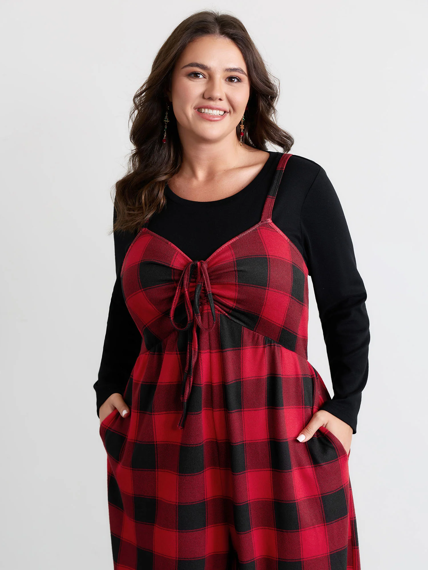 Checkered Shirred Drawstring Pockets Jumpsuit