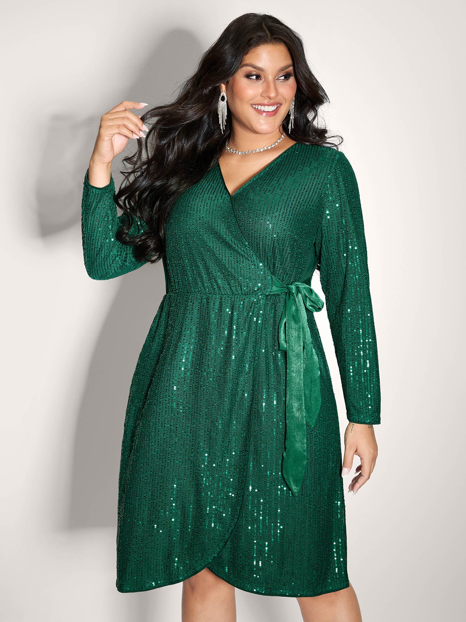 Sequin Wrap Neck Spliced Midi Dress