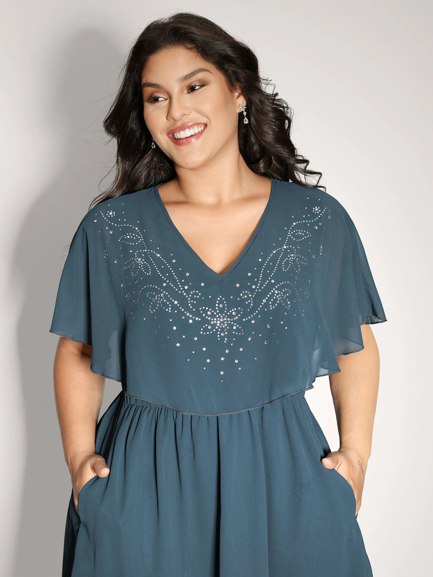 Shimmery Hotfix Rhinestone Layered Midi Dress