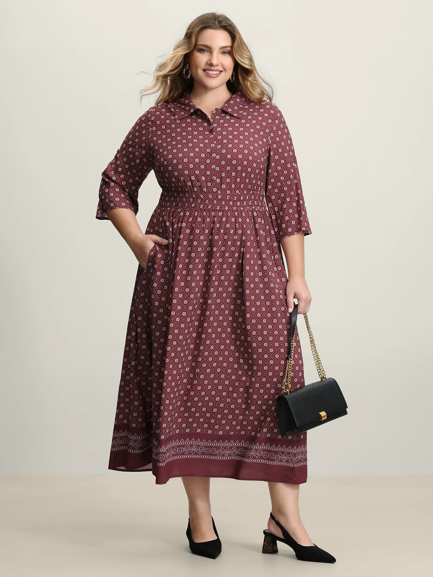 Geometric Print Shirred Waist Maxi Dress