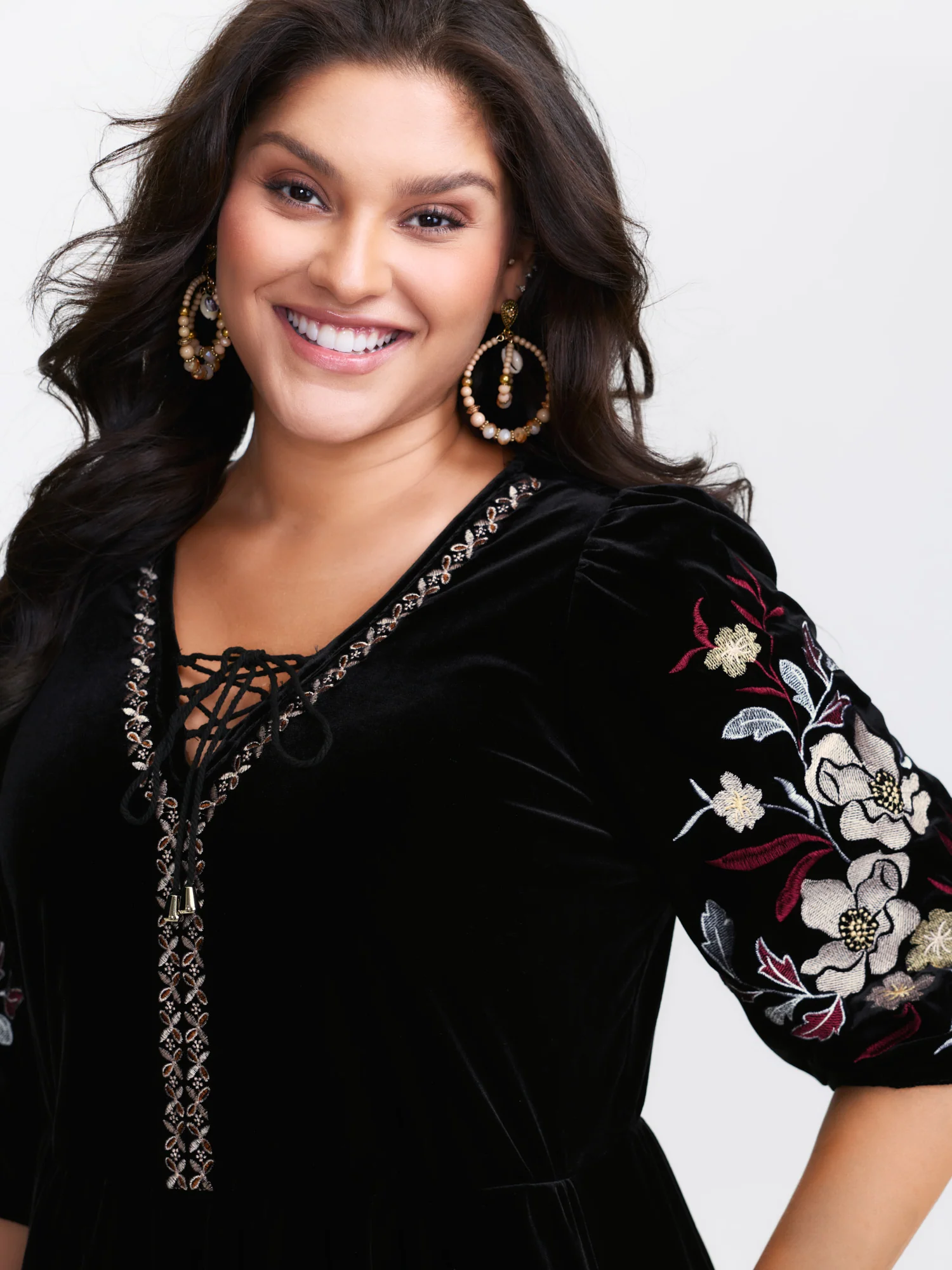 Velvet Stretchy Embroidery Midi Dress