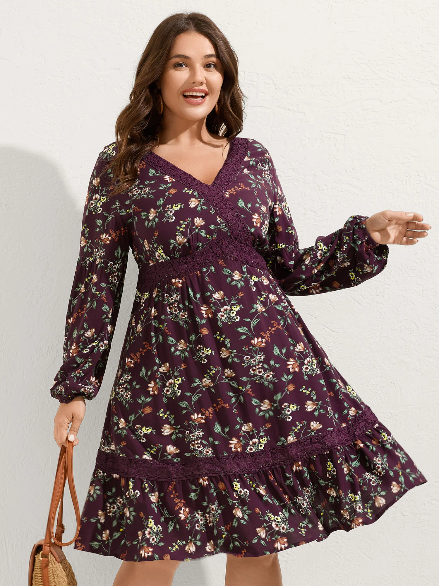 Supersoft Floral Print Lace Trim Knee-Length Dress