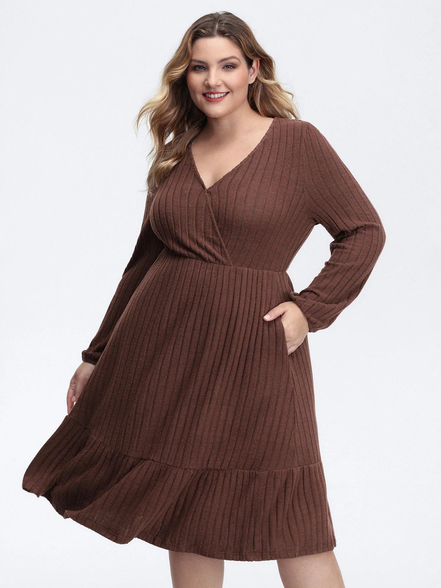 Ribbed Stretchy Cinched-Waist Knit Midi Dress