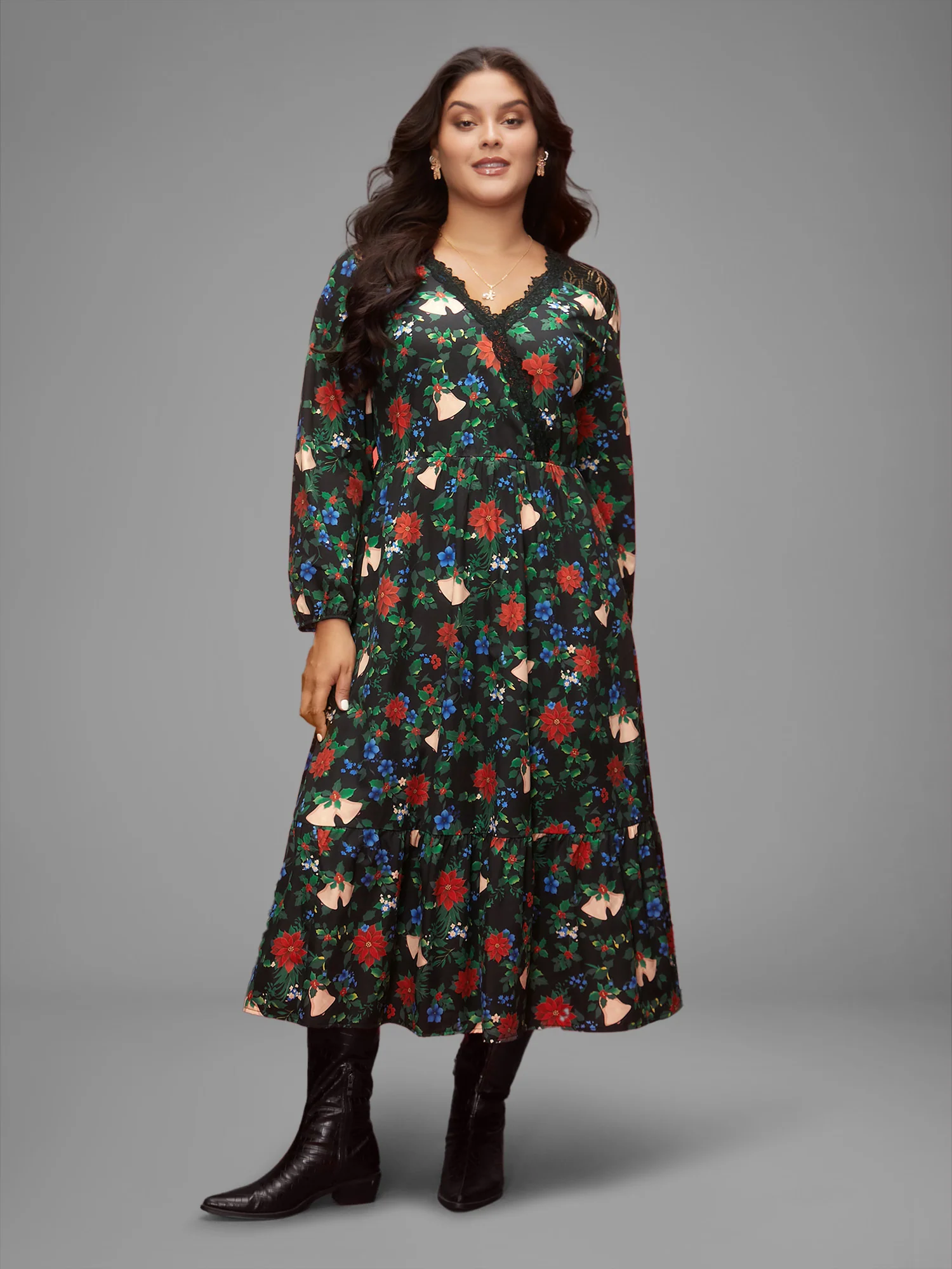 Floral Lace Surplice Neckline Midi Dress