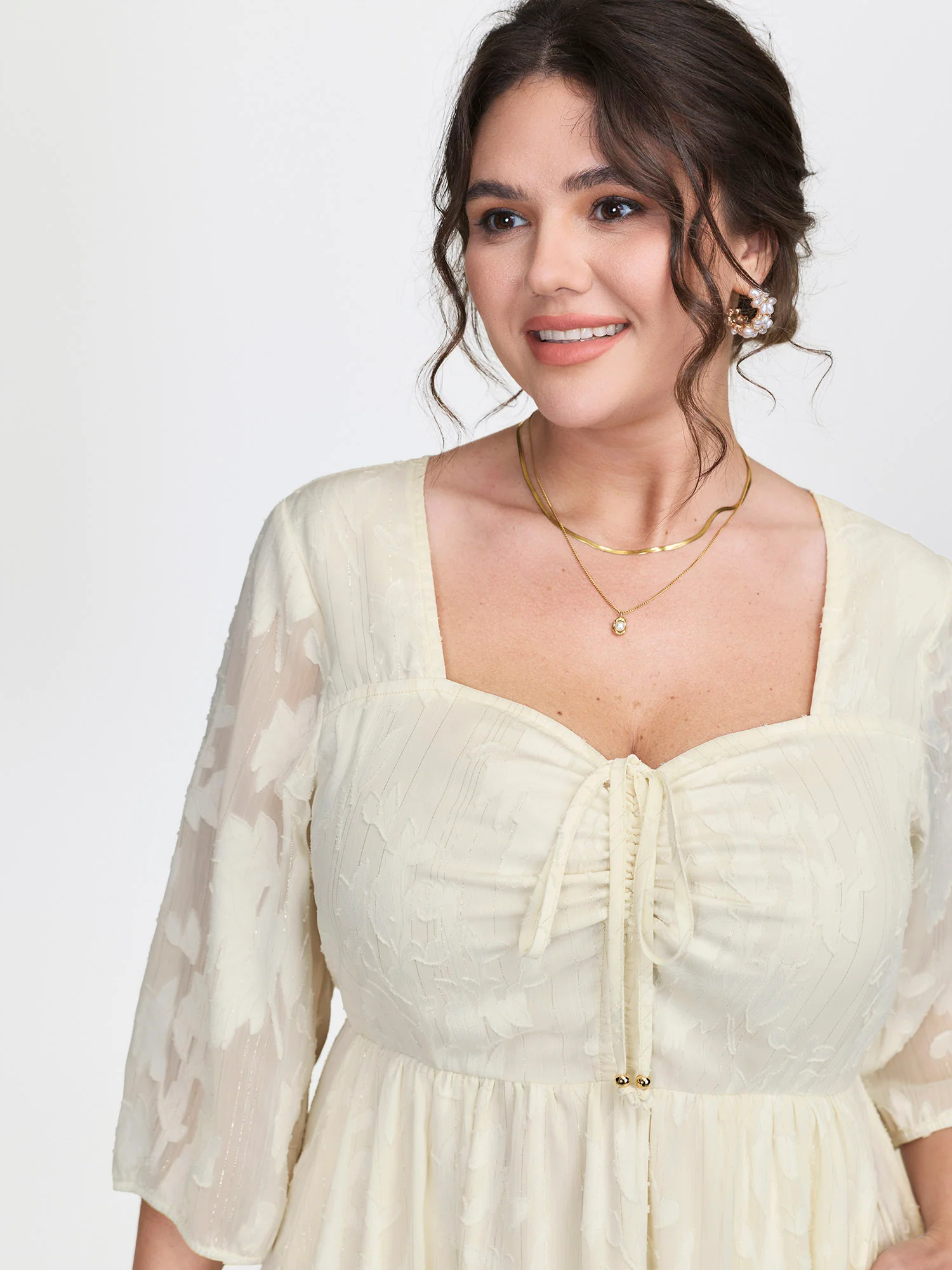 Textured Drawstring Bodice Flowy Midi Dress