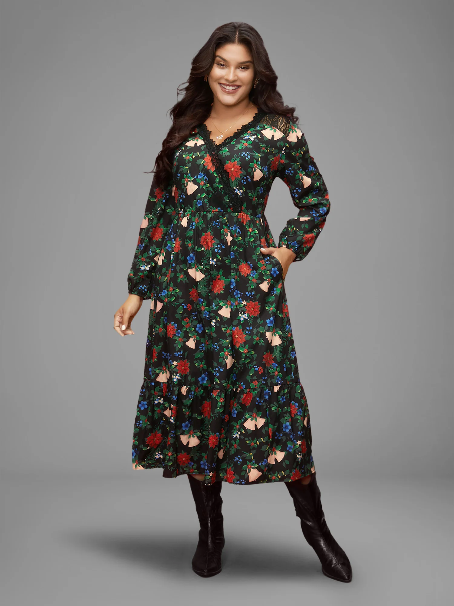 Floral Lace Surplice Neckline Midi Dress