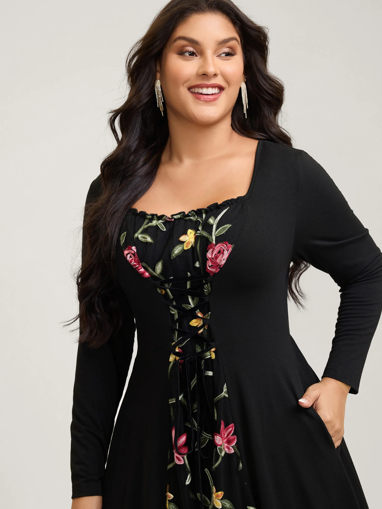 Floral Waist-Tie Contrast Maxi Dress