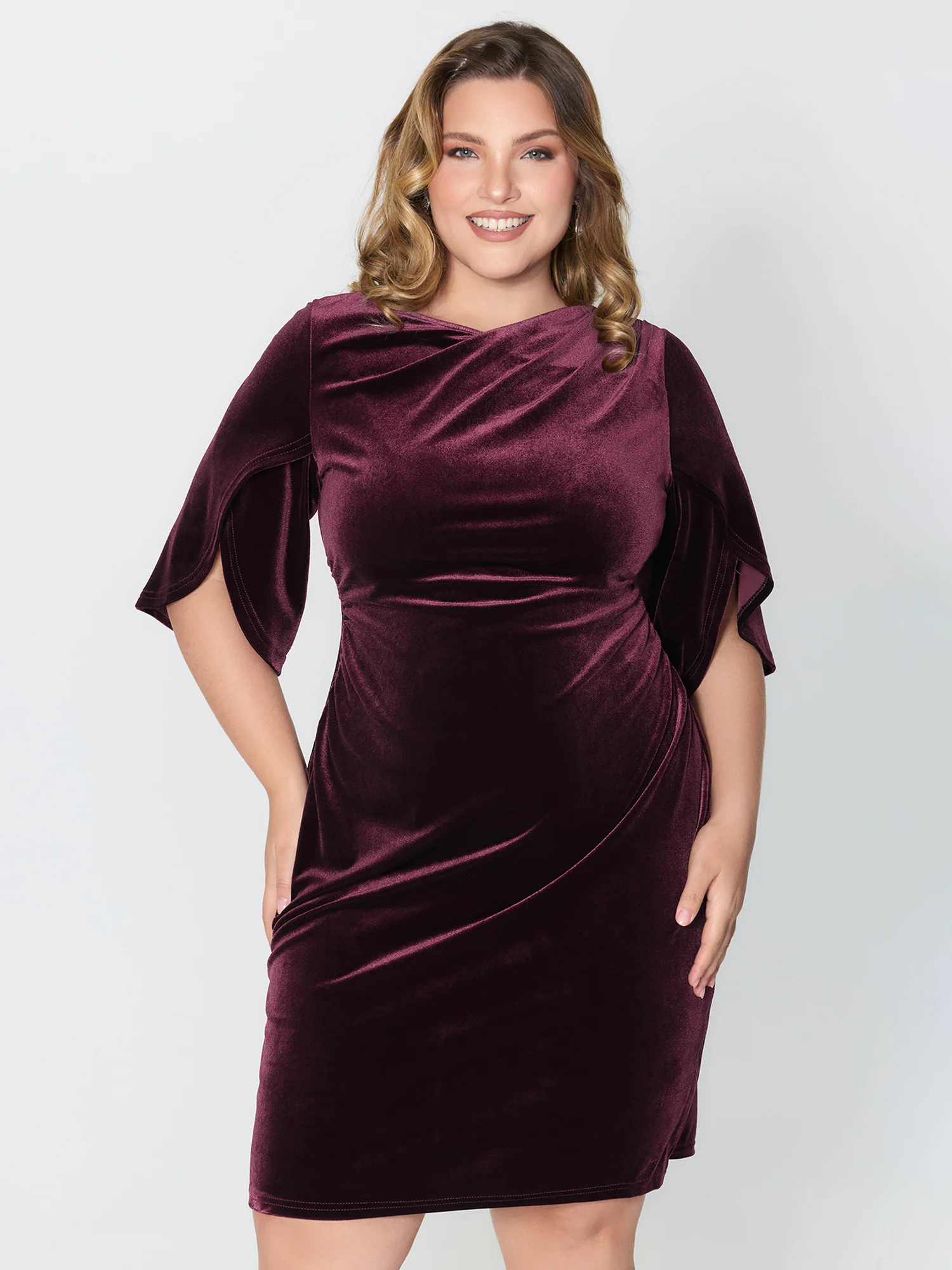 Petal Sleeve Pleated Waist-Defining Midi Dress