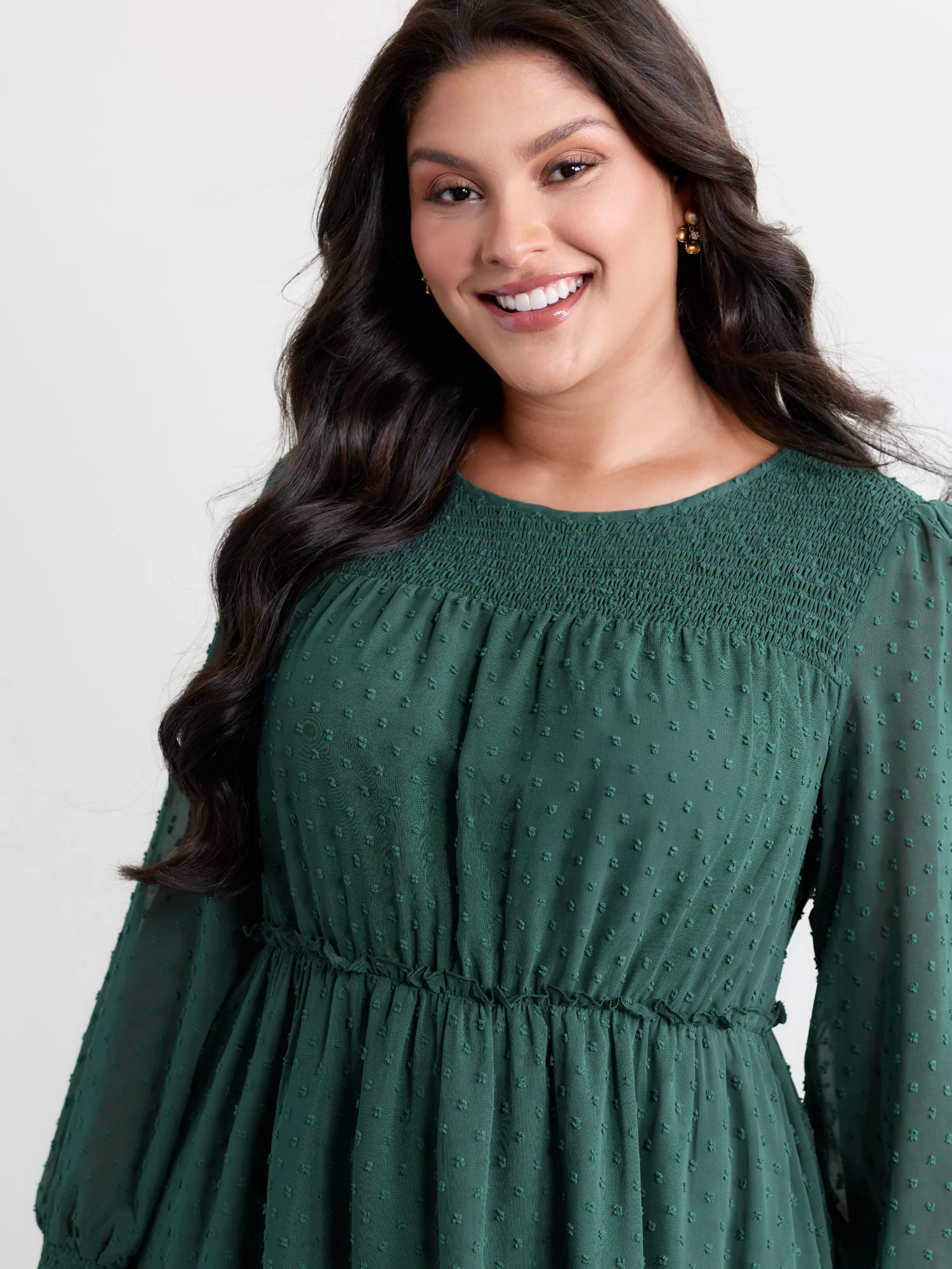 Chiffon Textured Shirred Ruffled Midi Dress