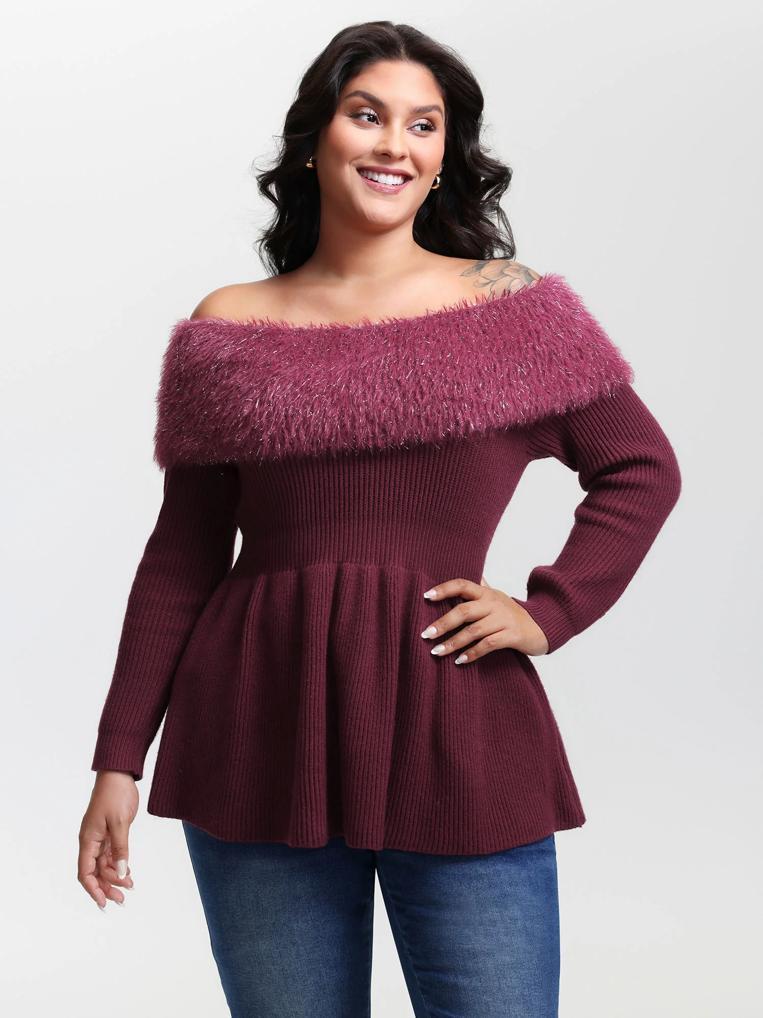 Sparkly Fur Off-Shoulder A-Line Pullover