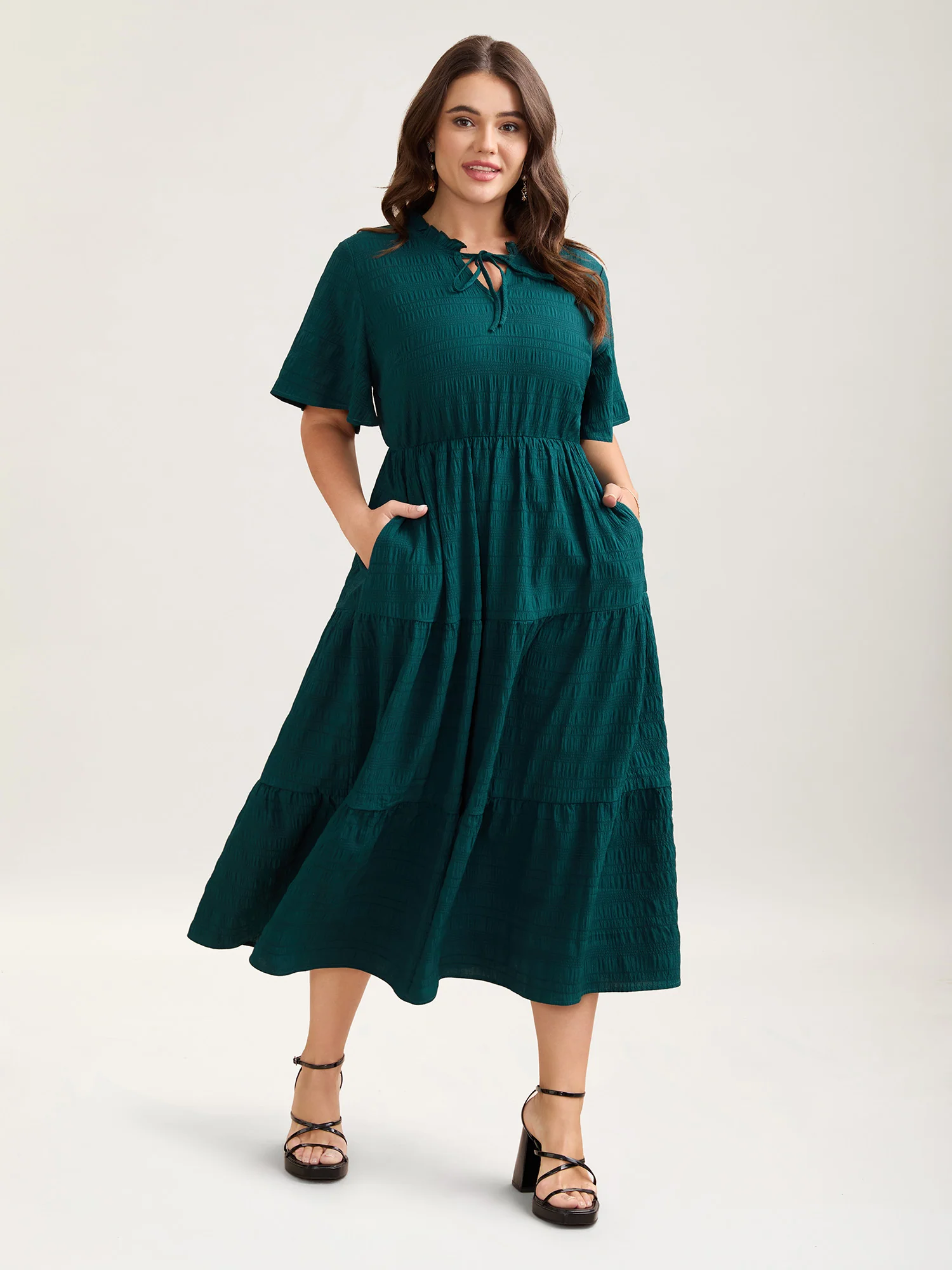 Stretchy Waist Frill Trim Pockets Midi Dress
