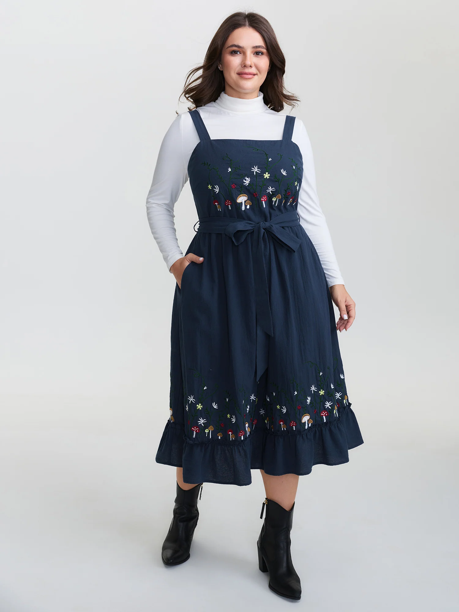 Cotton Garden Embroidery Belted Waist Midi Dress
