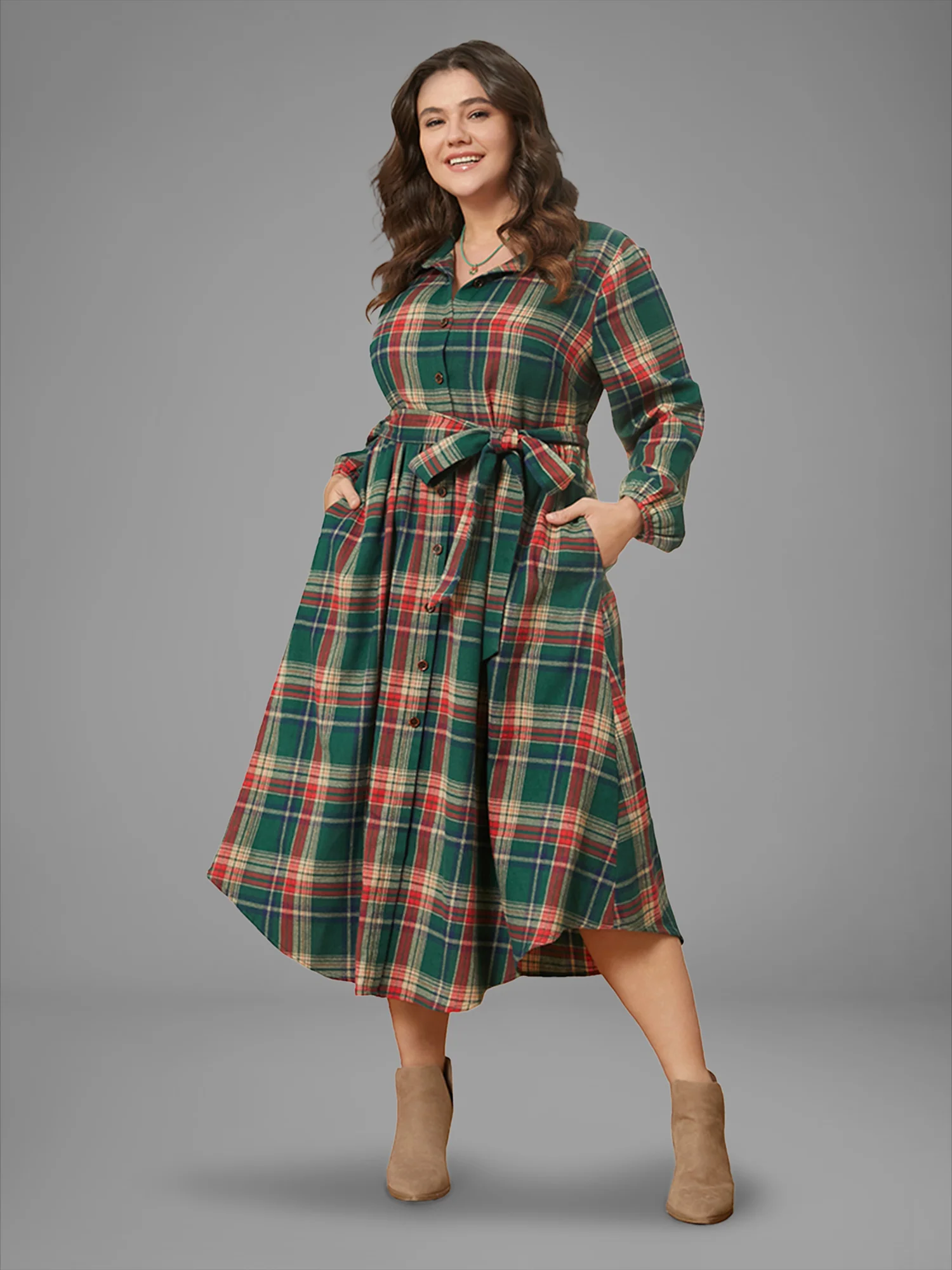 Plaid Button Detail Pocket Belted Arc Hem Dress