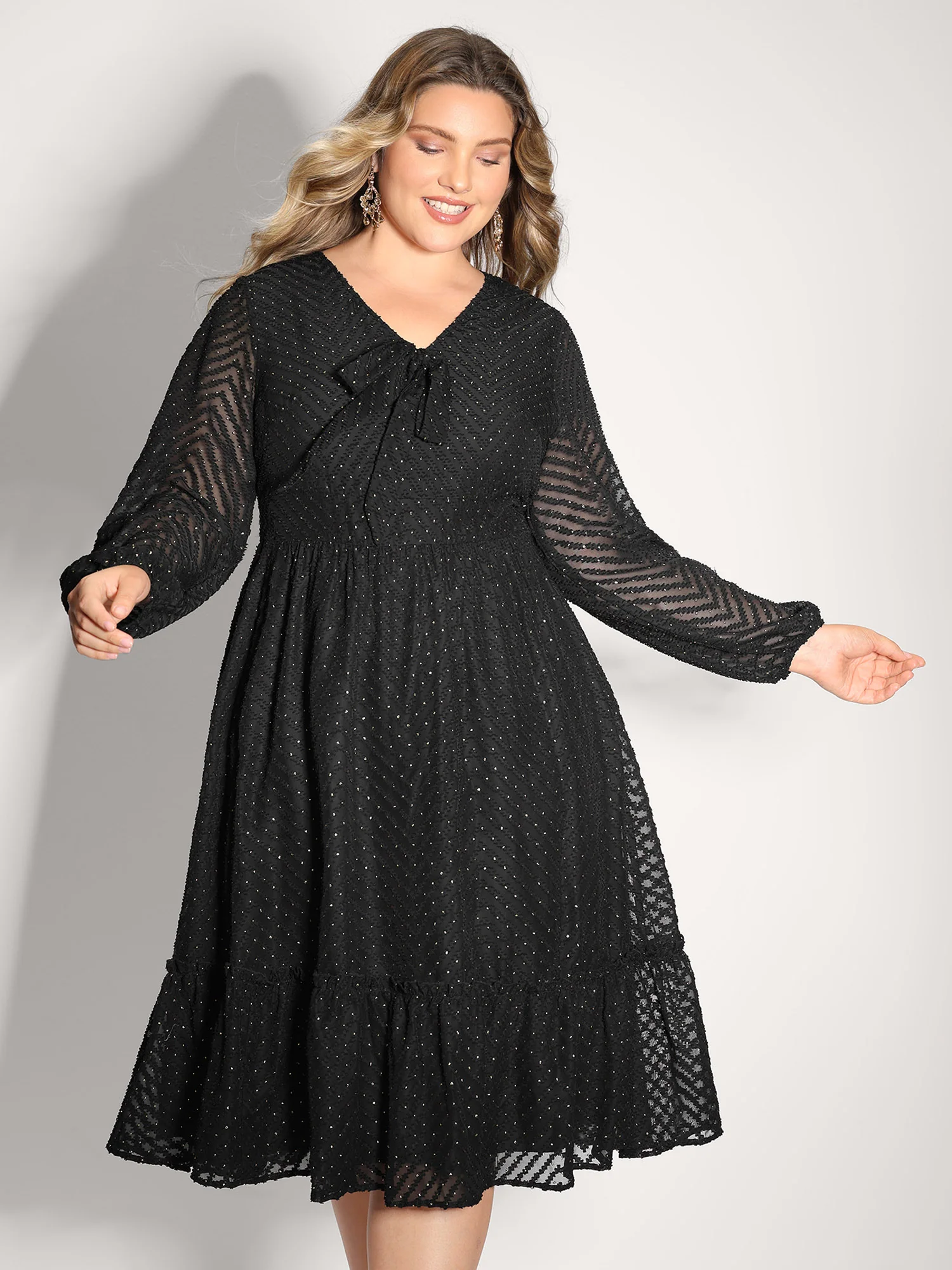 Gold Stamped Chiffon Shirred Waist Midi Dress