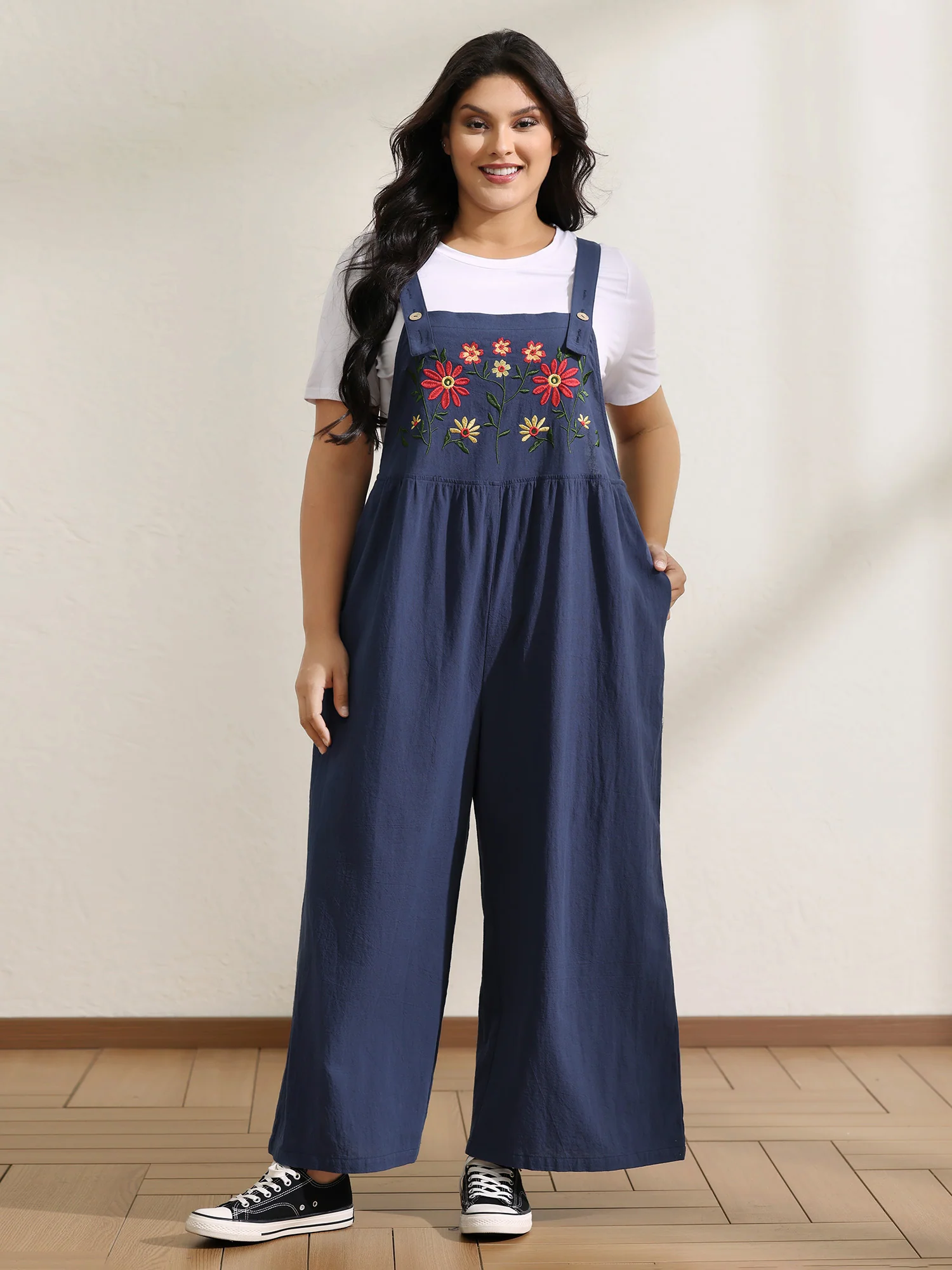 Pure Cotton Floral Embroidery Overall Jumpsuit