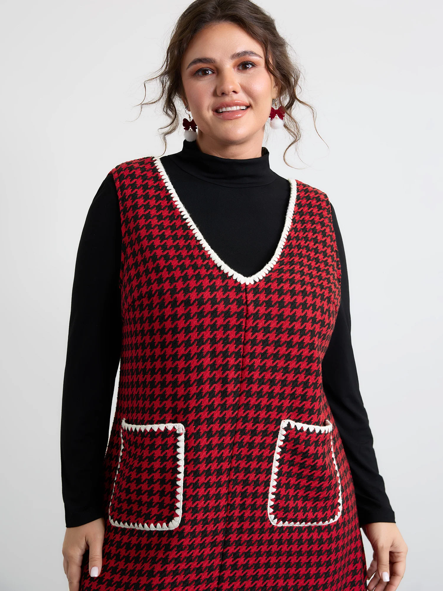 Houndstooth Embroidery Patch Pockets Dress