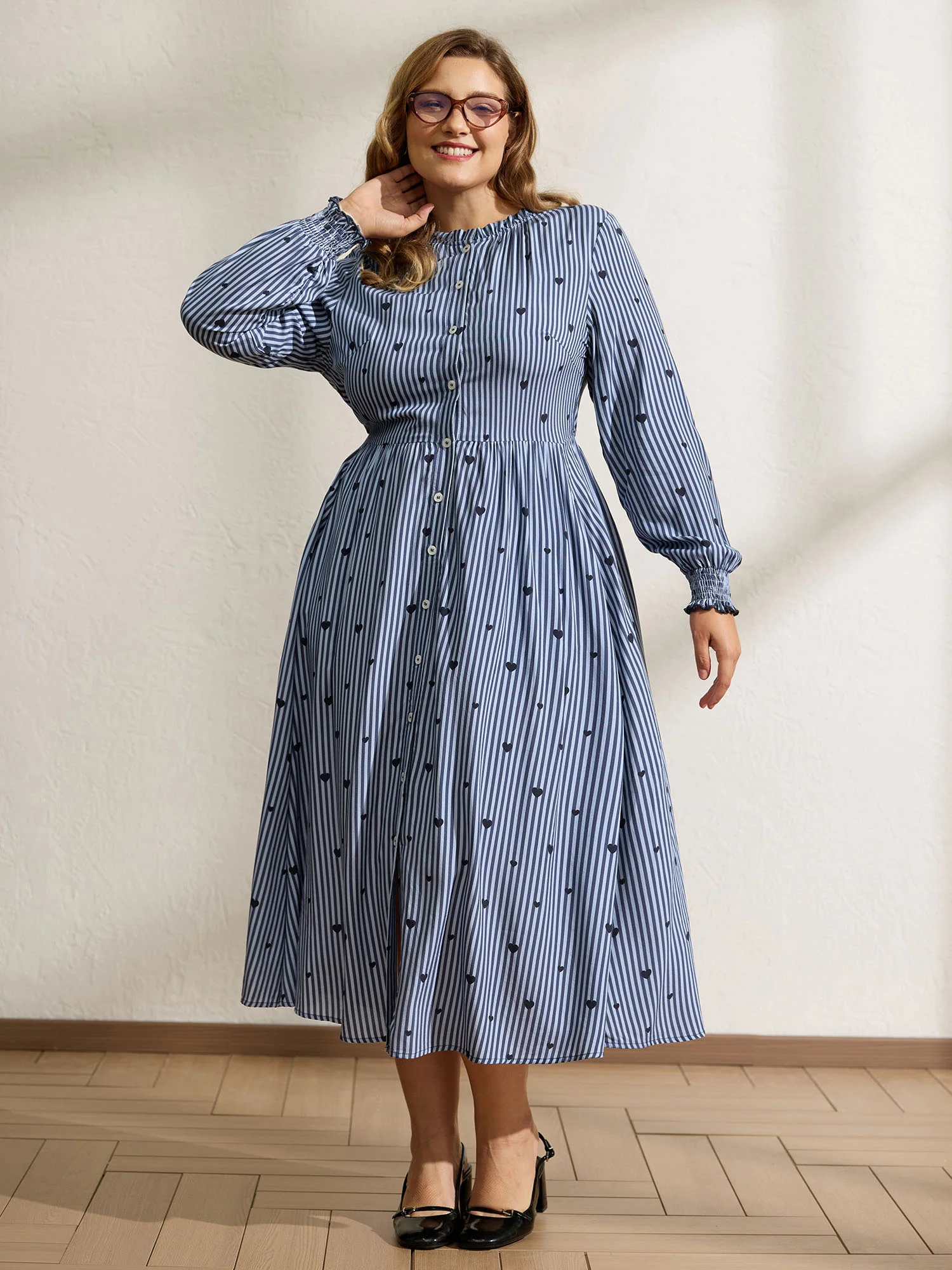 Stripe Hearts Pocket Shirt Maxi Dress