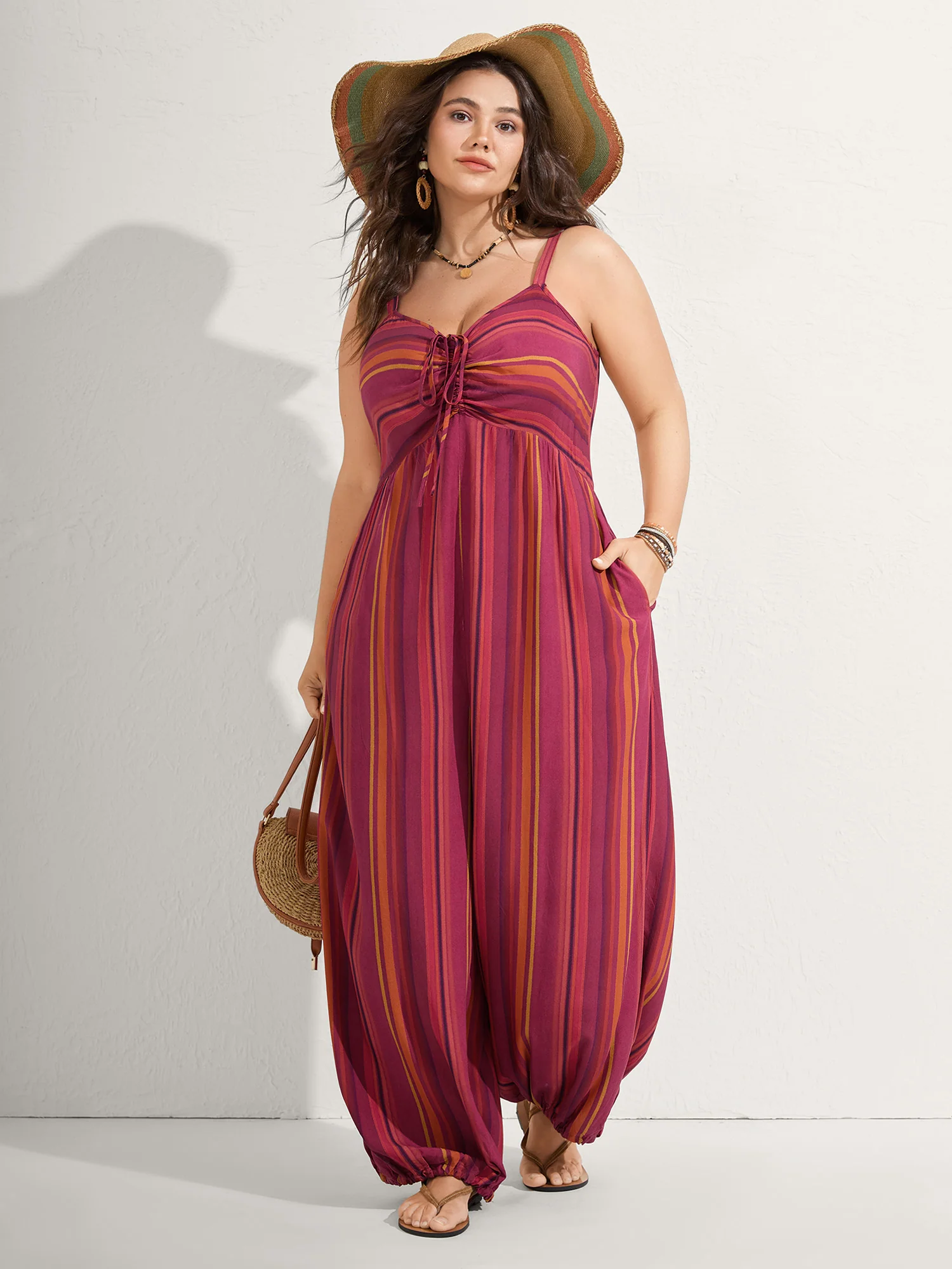 Rayon Stripe Print Stretchy Hem Cami Jumpsuit
