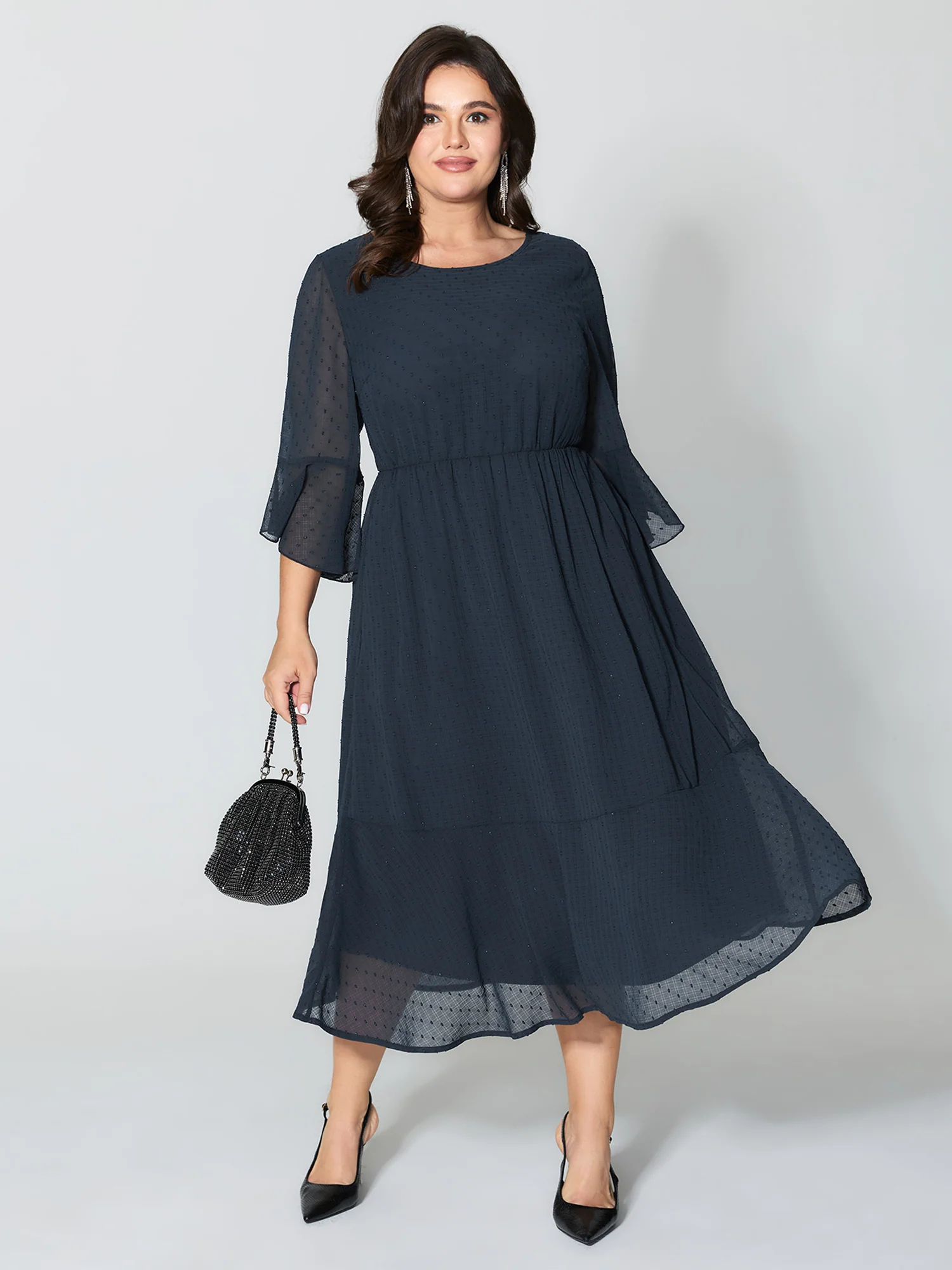 Textured Ruffled Sleeve Sheer Maxi Dress