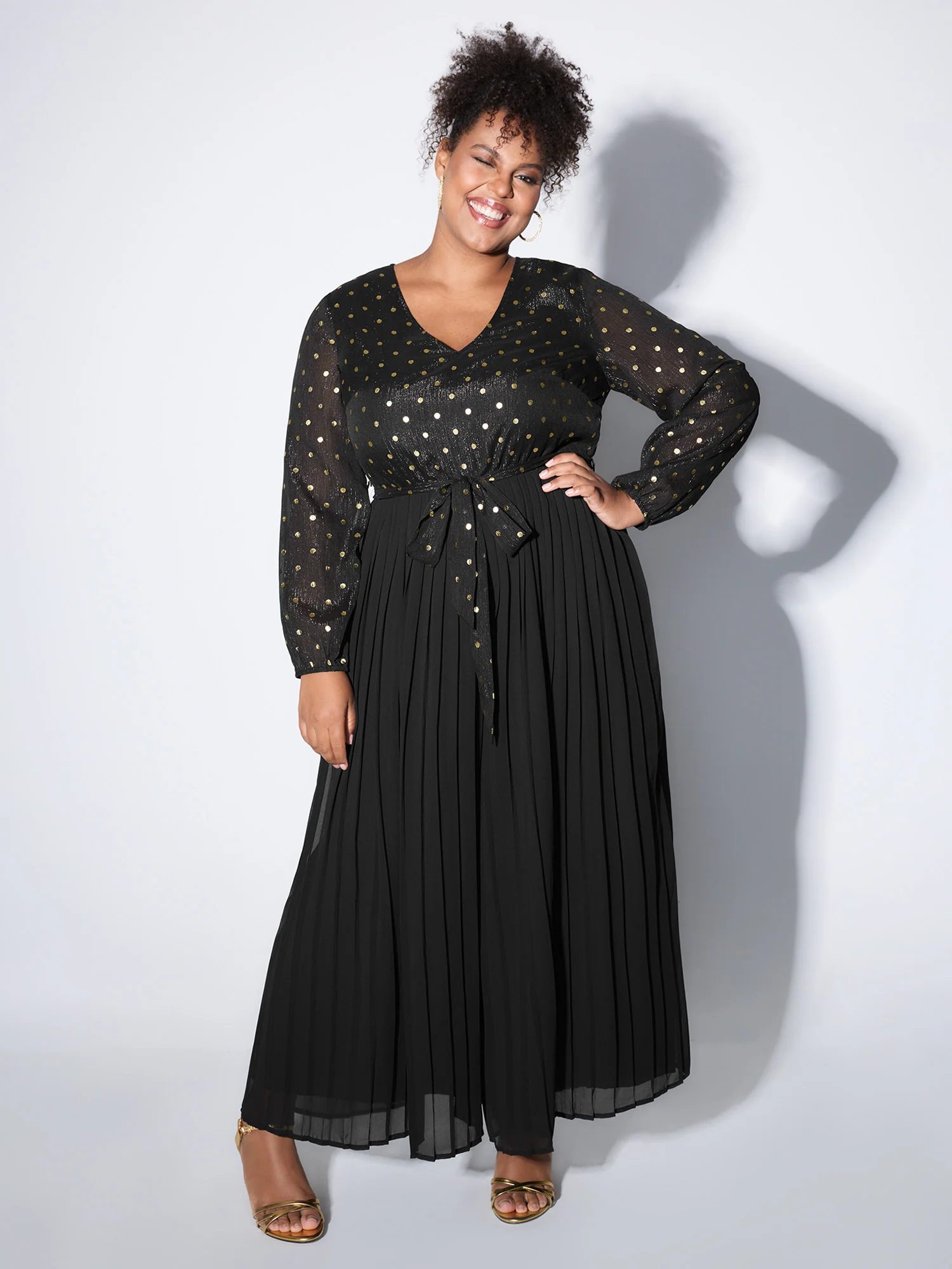 Chiffon Gold Polka Dots Cinched-Waist Jumpsuit