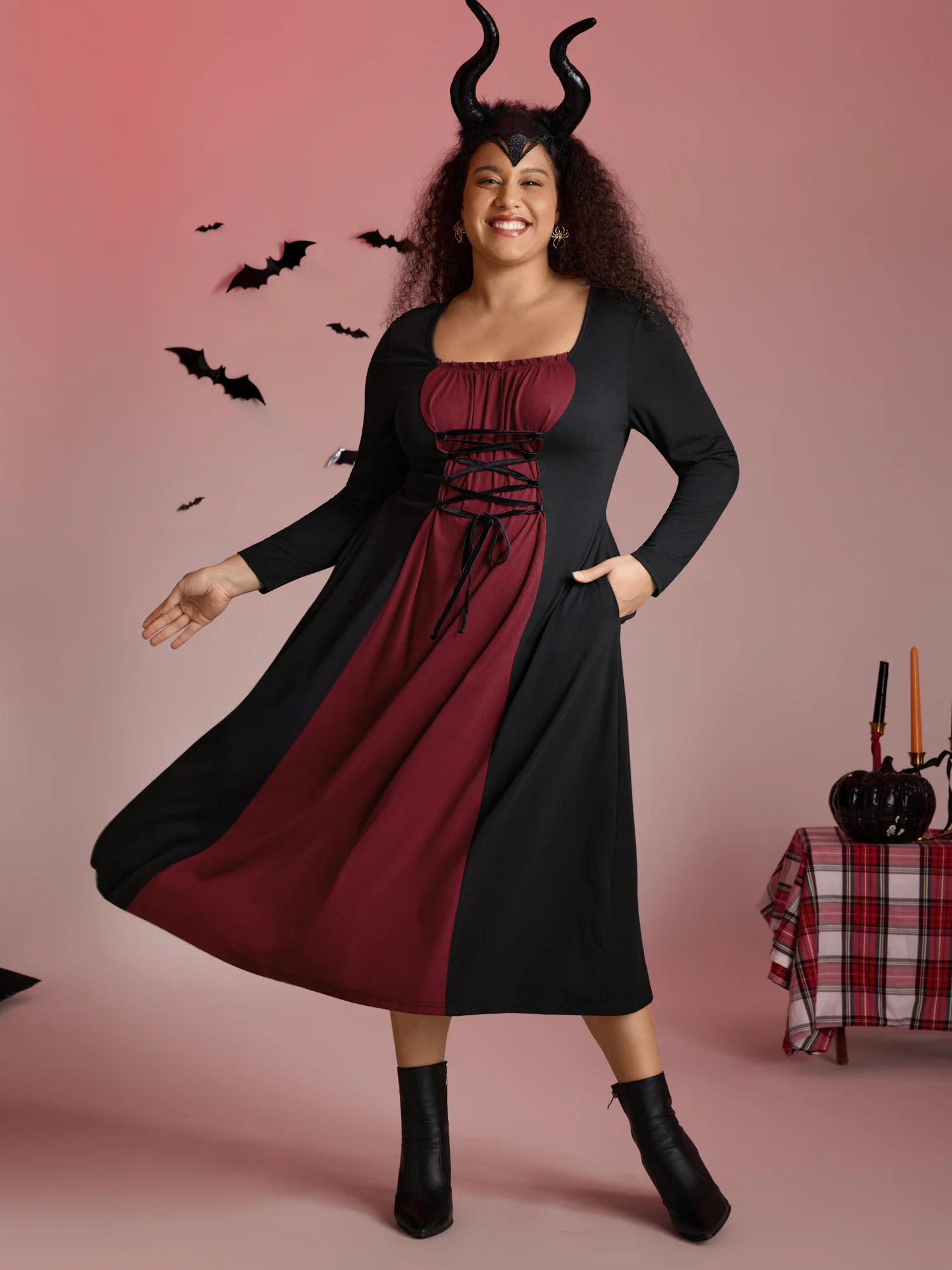 Stretchy Knit Adjustable Tie Frill Trim Midi Dress