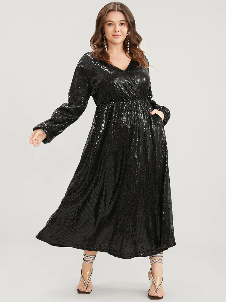 Solid Lantern Sleeve Pocket Wrap Sequin Maxi Dress