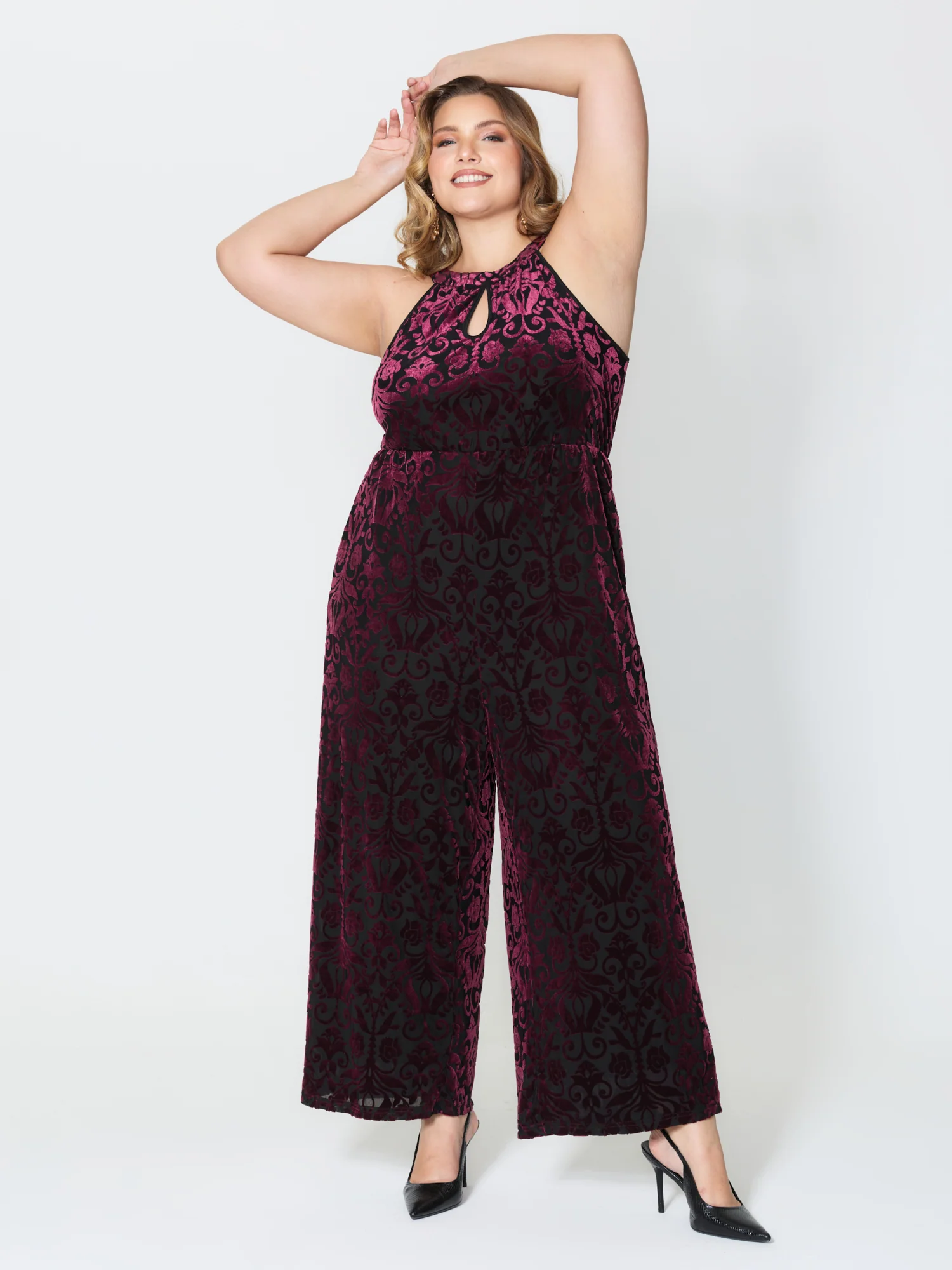 Velvet Laser Cut Lined Wide-Leg Jumpsuit